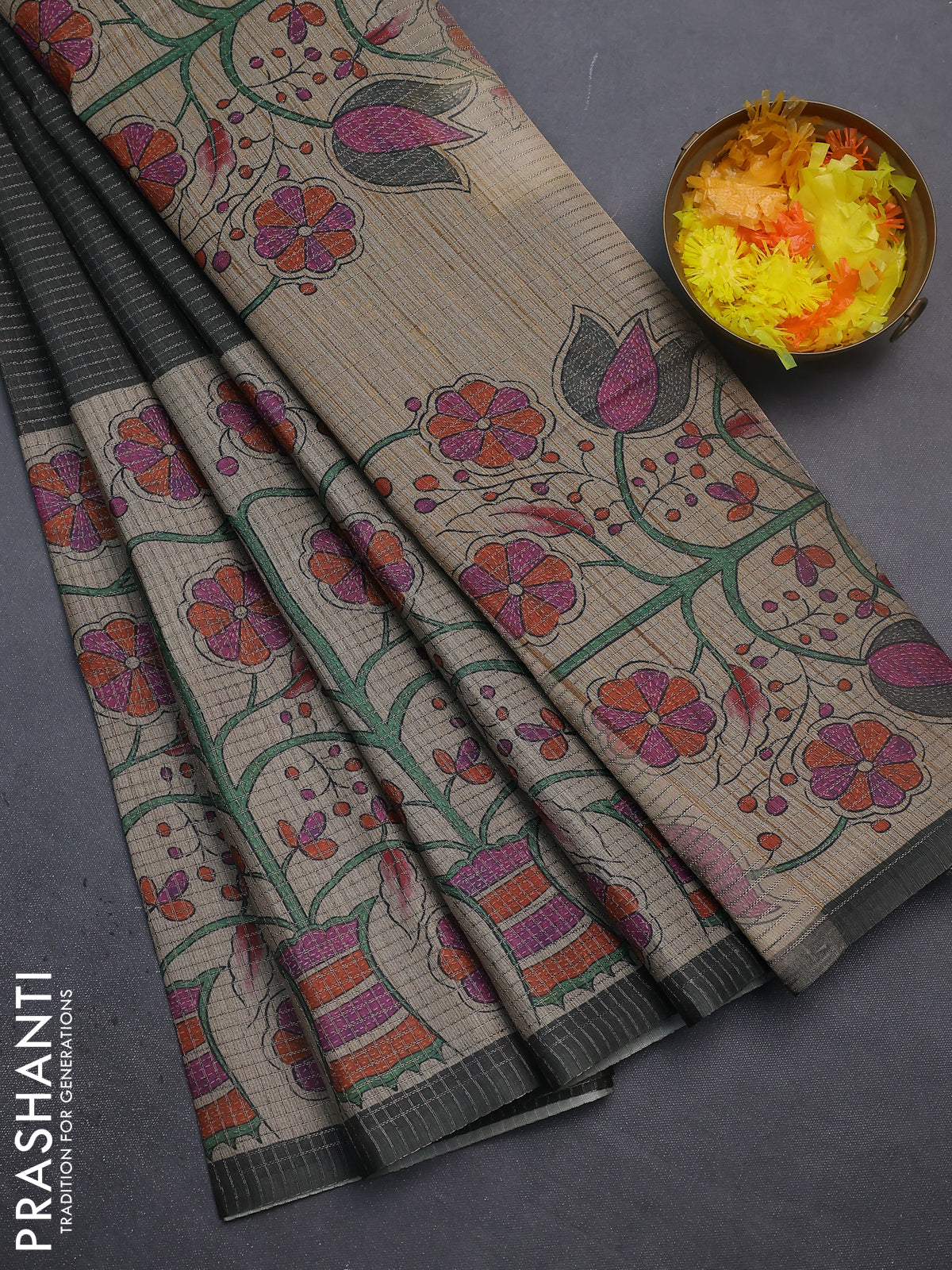 Chappa saree grey and beige with allover small zari checked pattern and floral digital printed pallu
