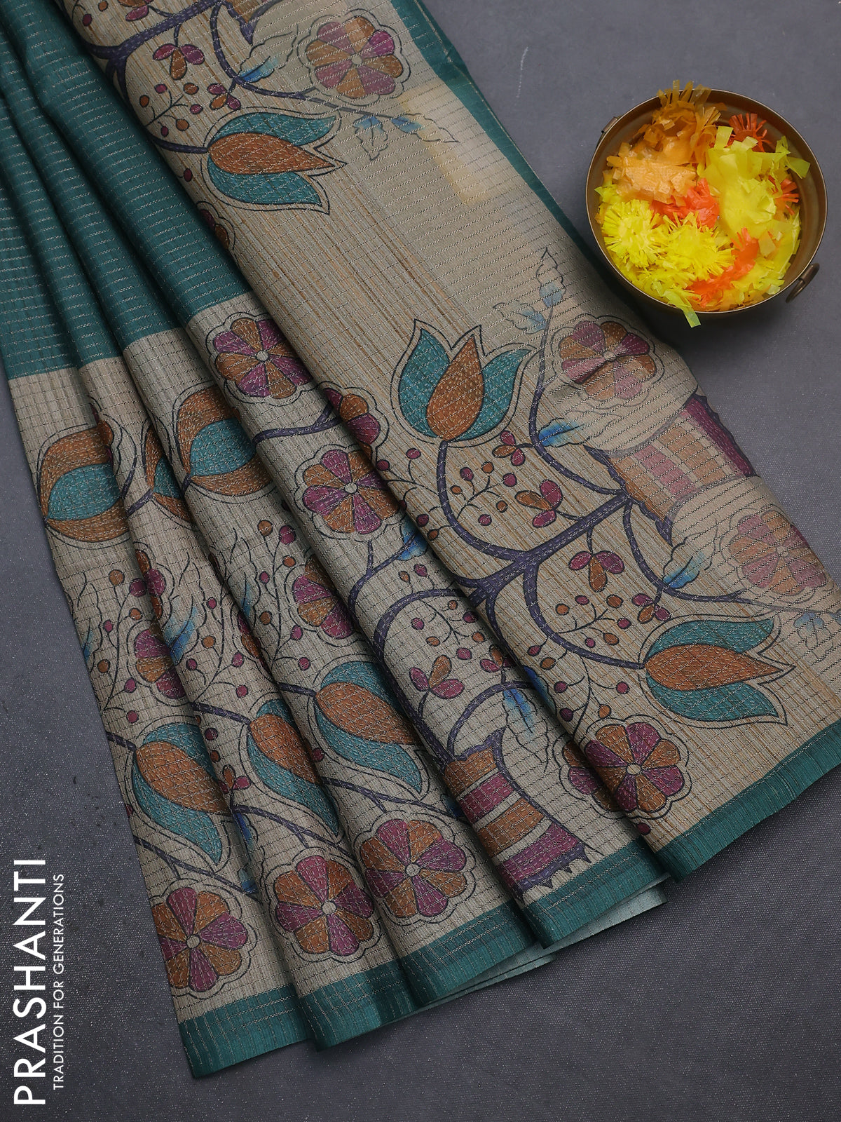Chappa saree peacock green and beige with allover small zari checked pattern and floral digital printed pallu