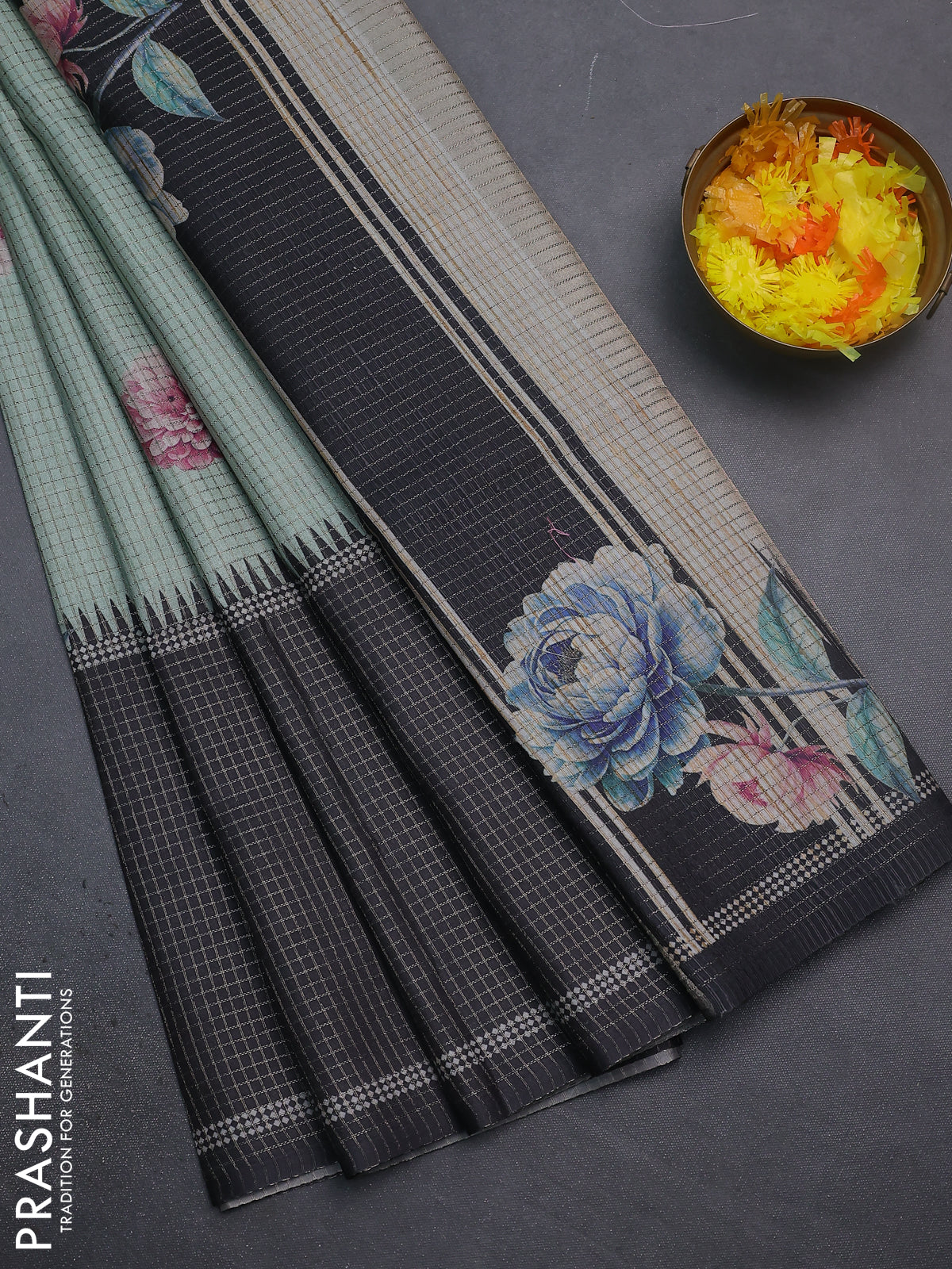 Chappa saree pastel green and black with allover small zari checked pattern & floral digital prints and ganga jamuna border