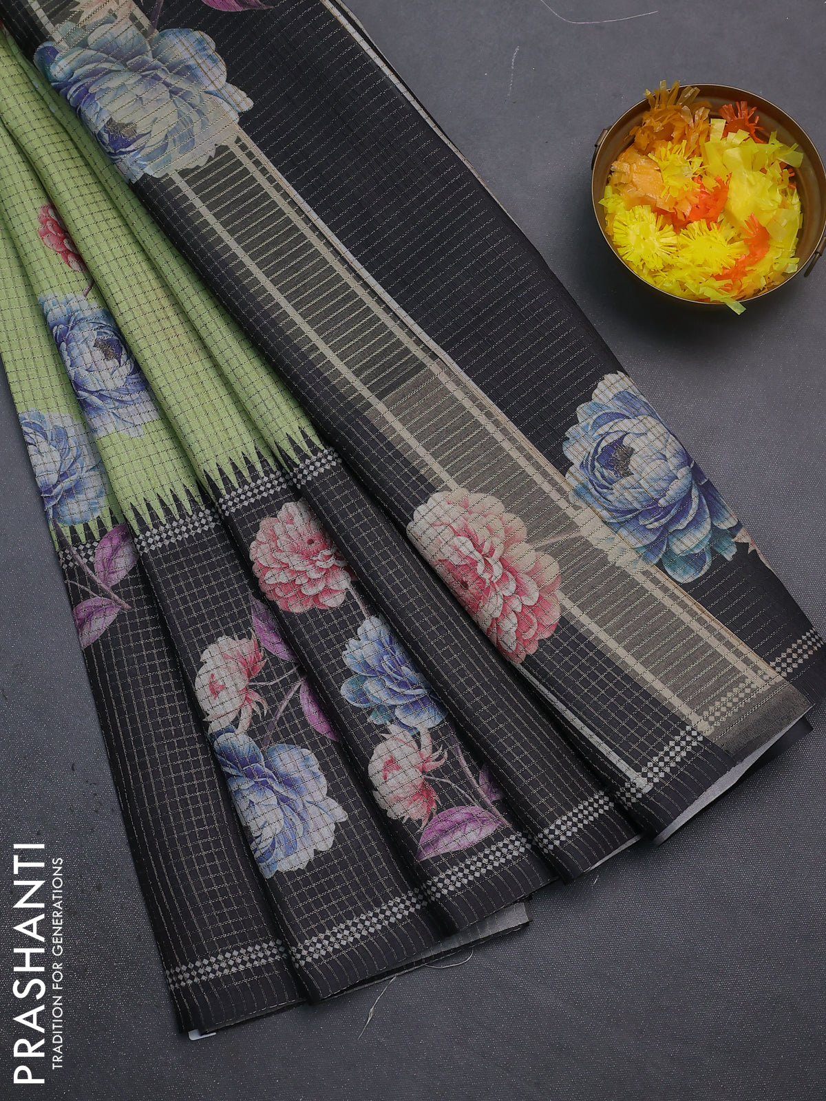 Chappa saree light green and black with allover small zari checked pattern & floral digital prints and ganga jamuna border