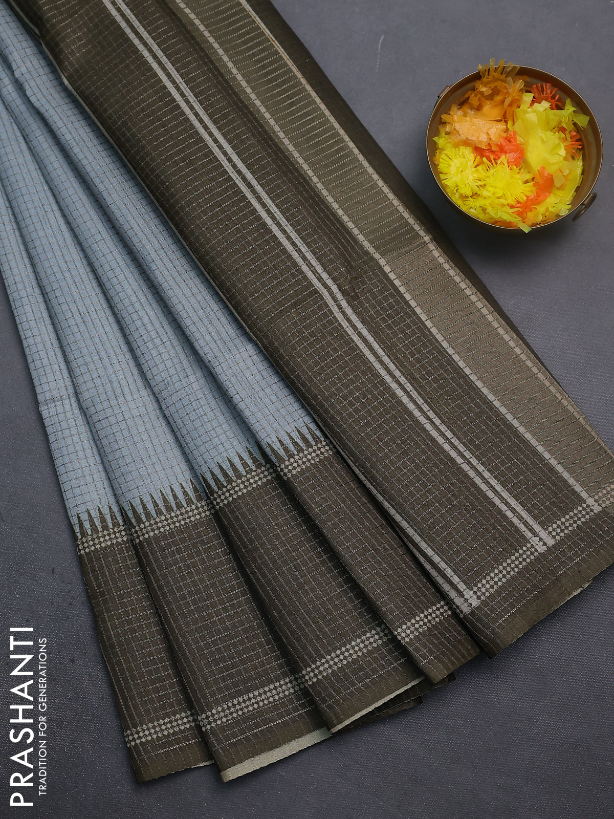 Chappa saree pastel grey and dark sap green with allover small zari checked pattern and temple design zari woven border