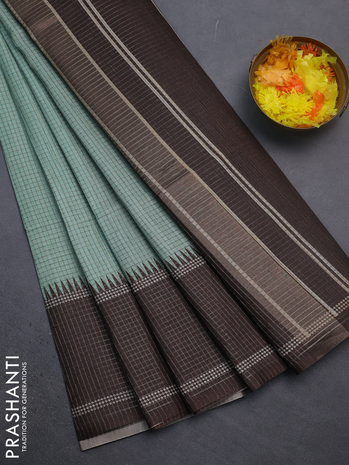 Chappa saree pastel green and brown with allover small zari checked pattern and temple design zari woven border