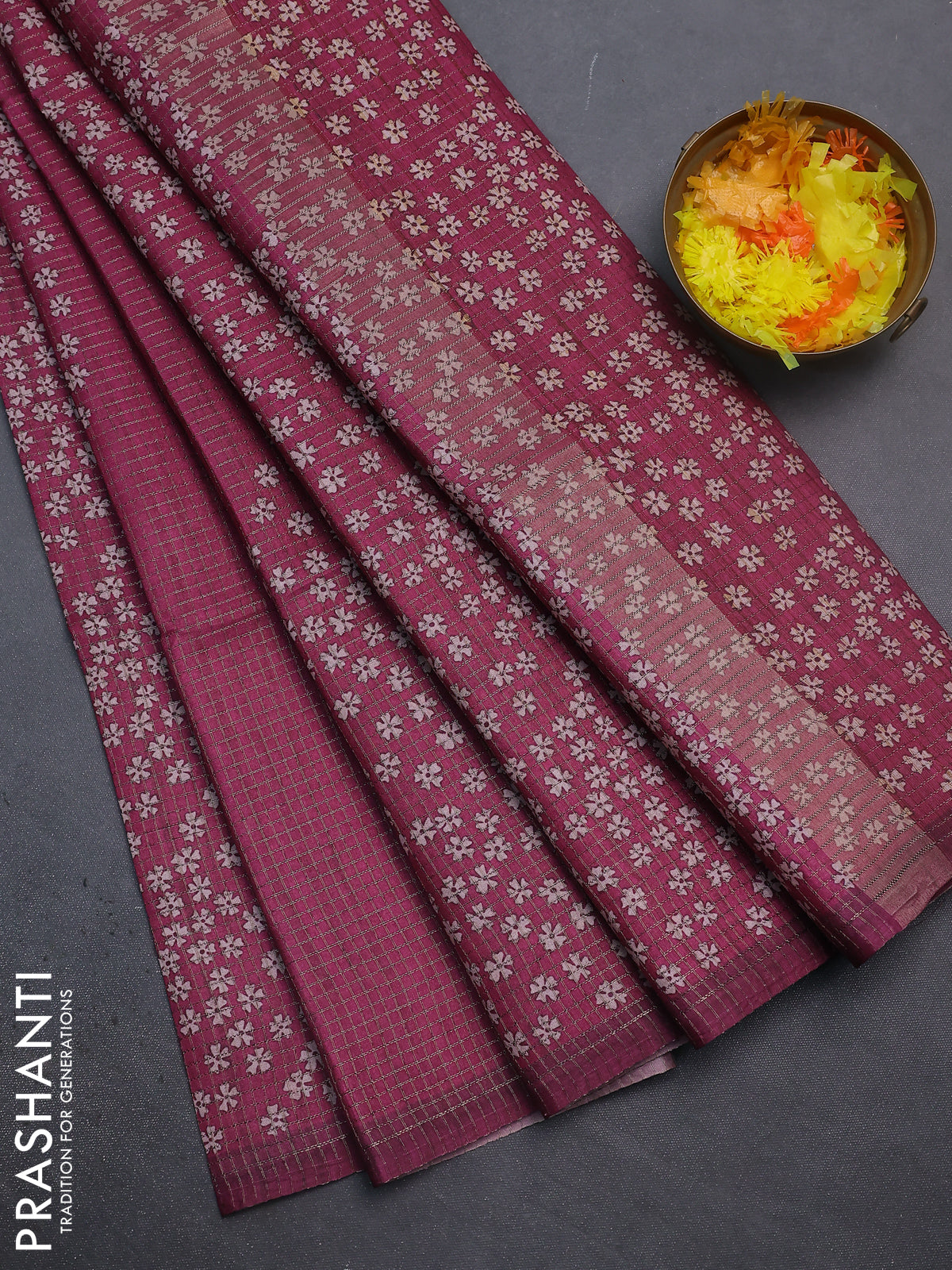 Chappa saree dark magenta pink with allover small zari checked pattern and floral digital printed pallu