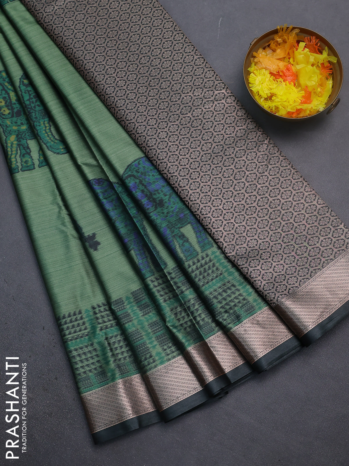 Bangalori semi silk saree green and dark peacock green with allover elephant ikat butta weaves and zari woven border
