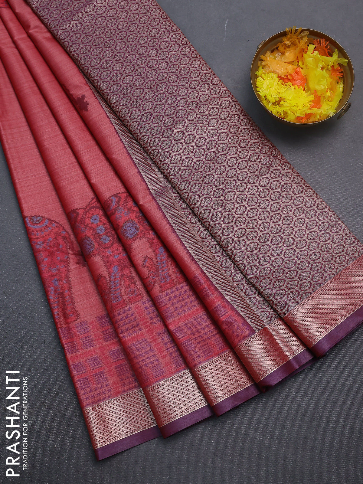 Bangalori semi silk saree red and wine shade with allover elephant ikat butta weaves and zari woven border
