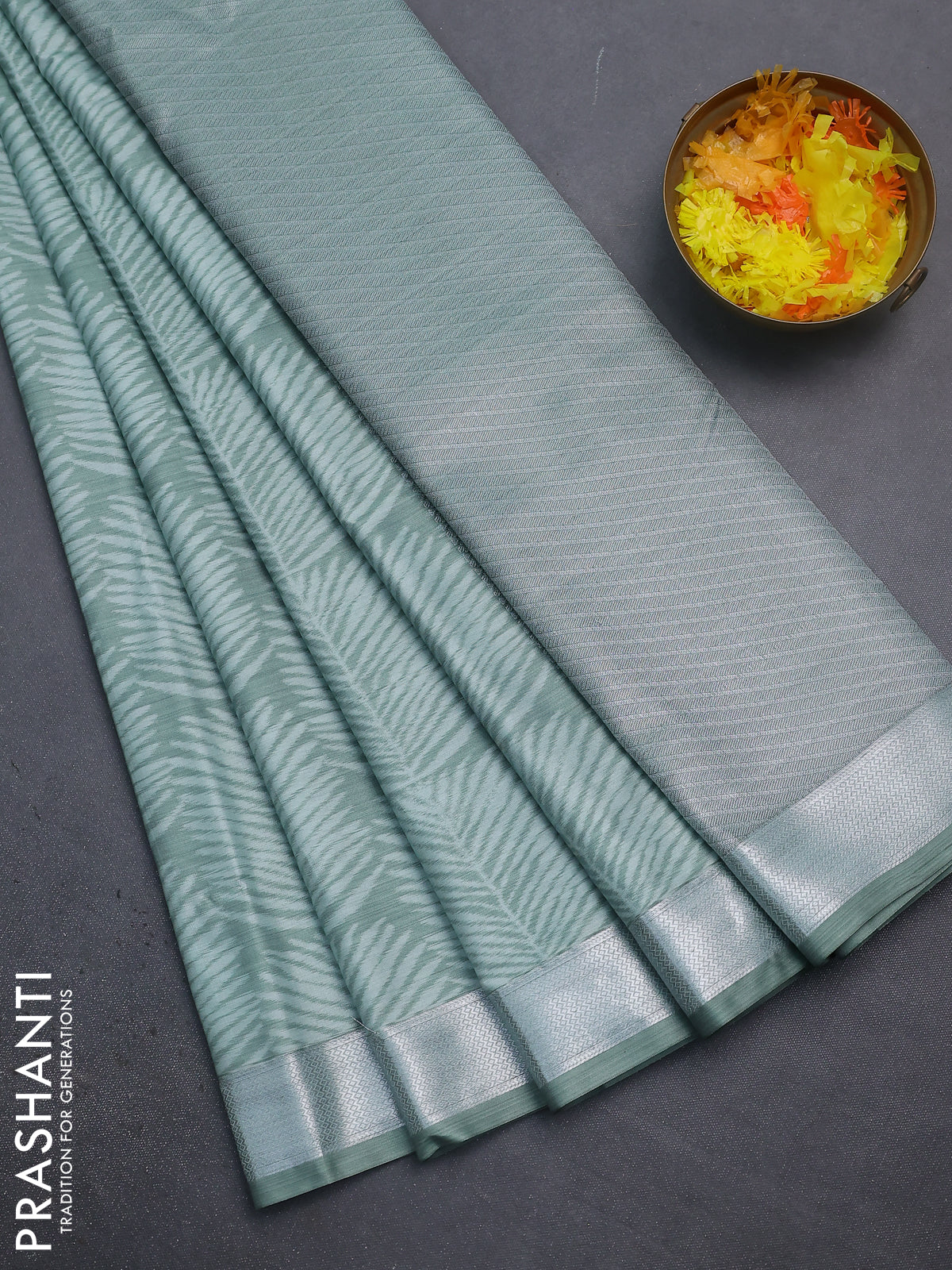 Bangalori semi silk saree pastel green with allover ikat weaves and zari woven border