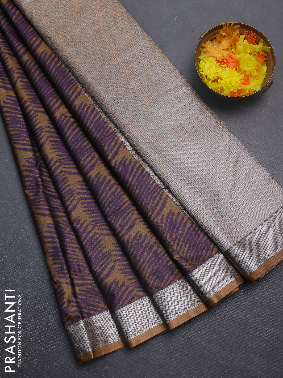 Bangalori semi silk saree dark mustard and violet with allover ikat weaves and zari woven border