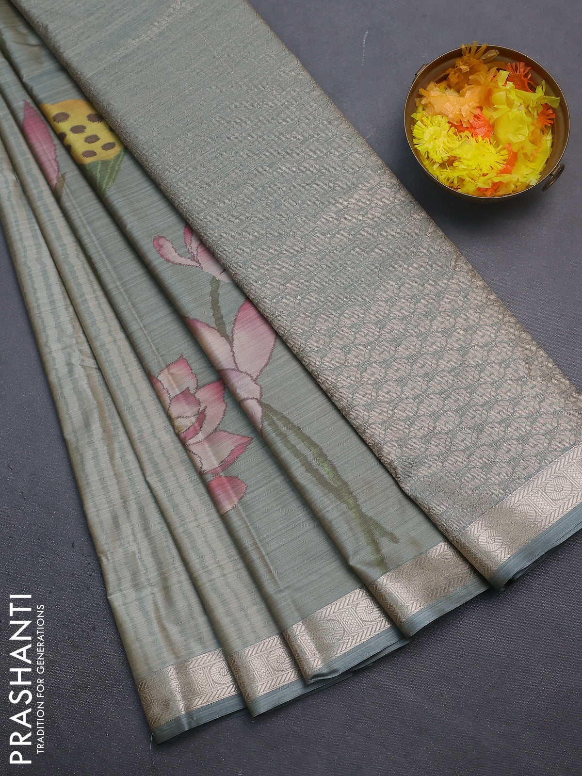 Bangalori semi silk saree grey with allover floral ikat weaves and zari woven border