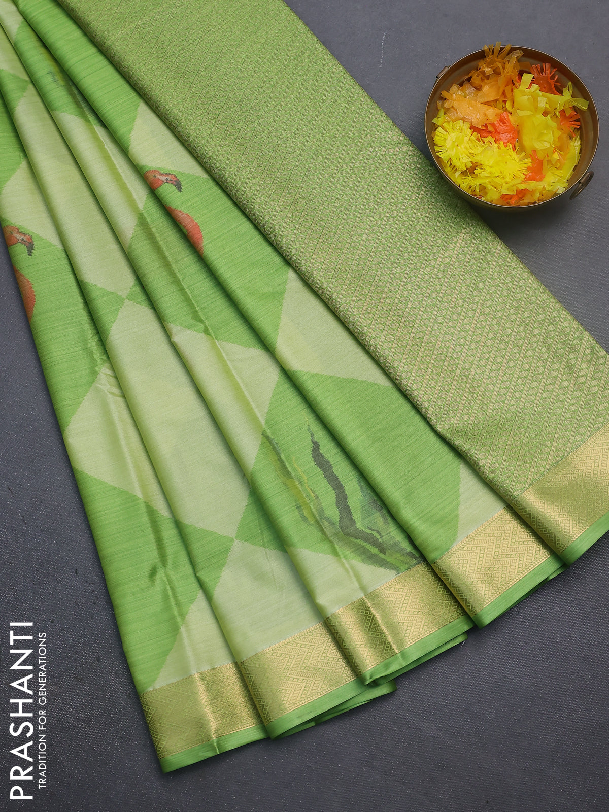 Bangalori semi silk saree lime green and light green with allover ikat weaves and zari woven border