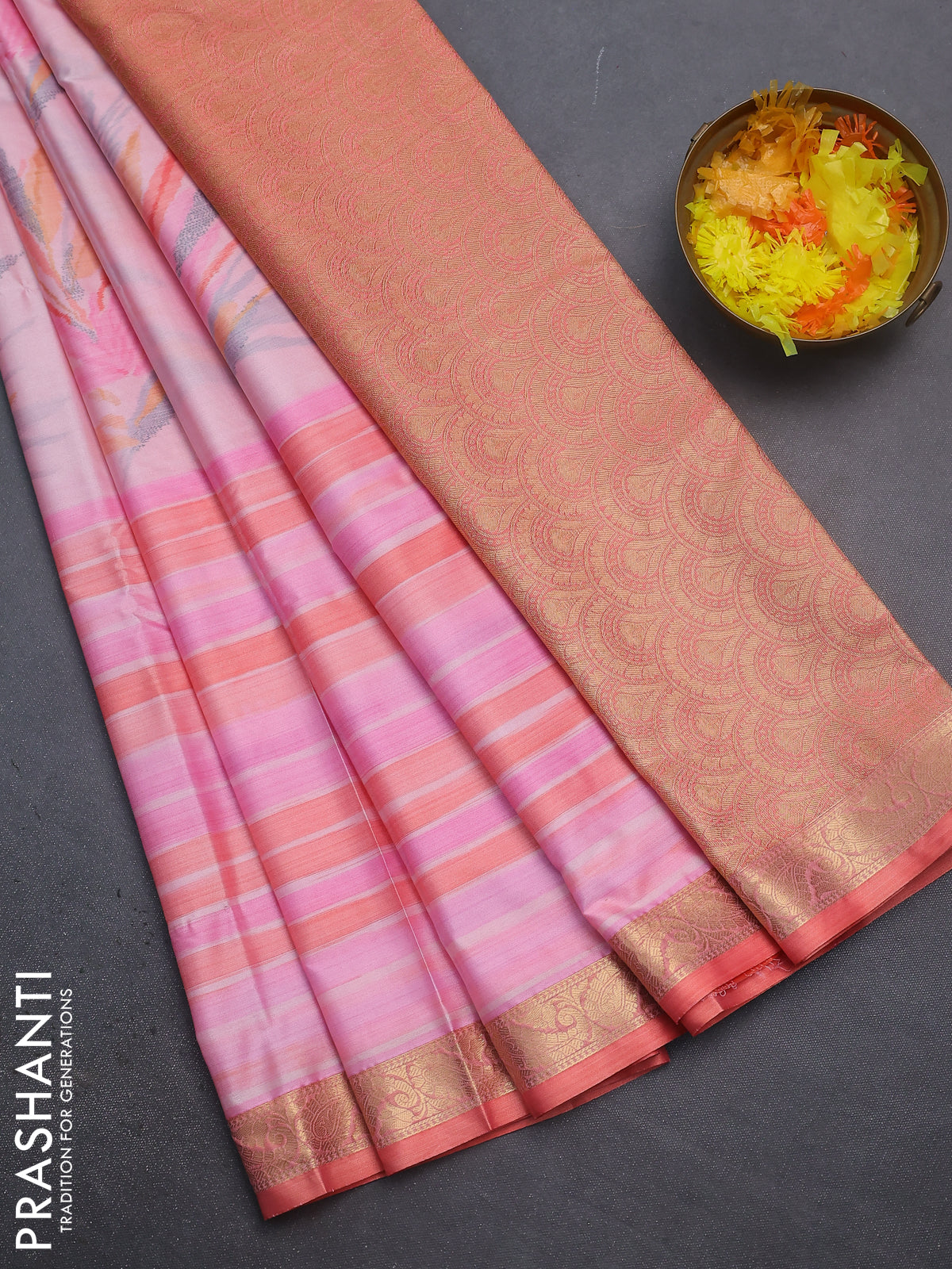 Bangalori semi silk saree mild peach pink and orange with allover ikat weaves and zari woven border