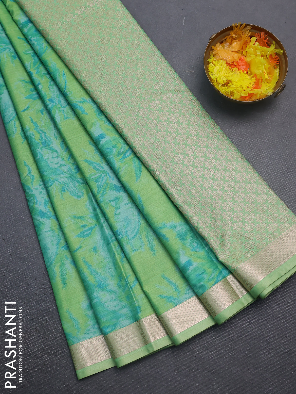 Bangalori semi silk saree light green with allover ikat weaves and zari woven border