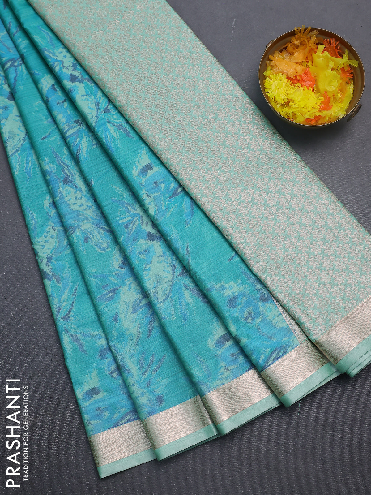 Bangalori semi silk saree teal green with allover ikat weaves and zari woven border