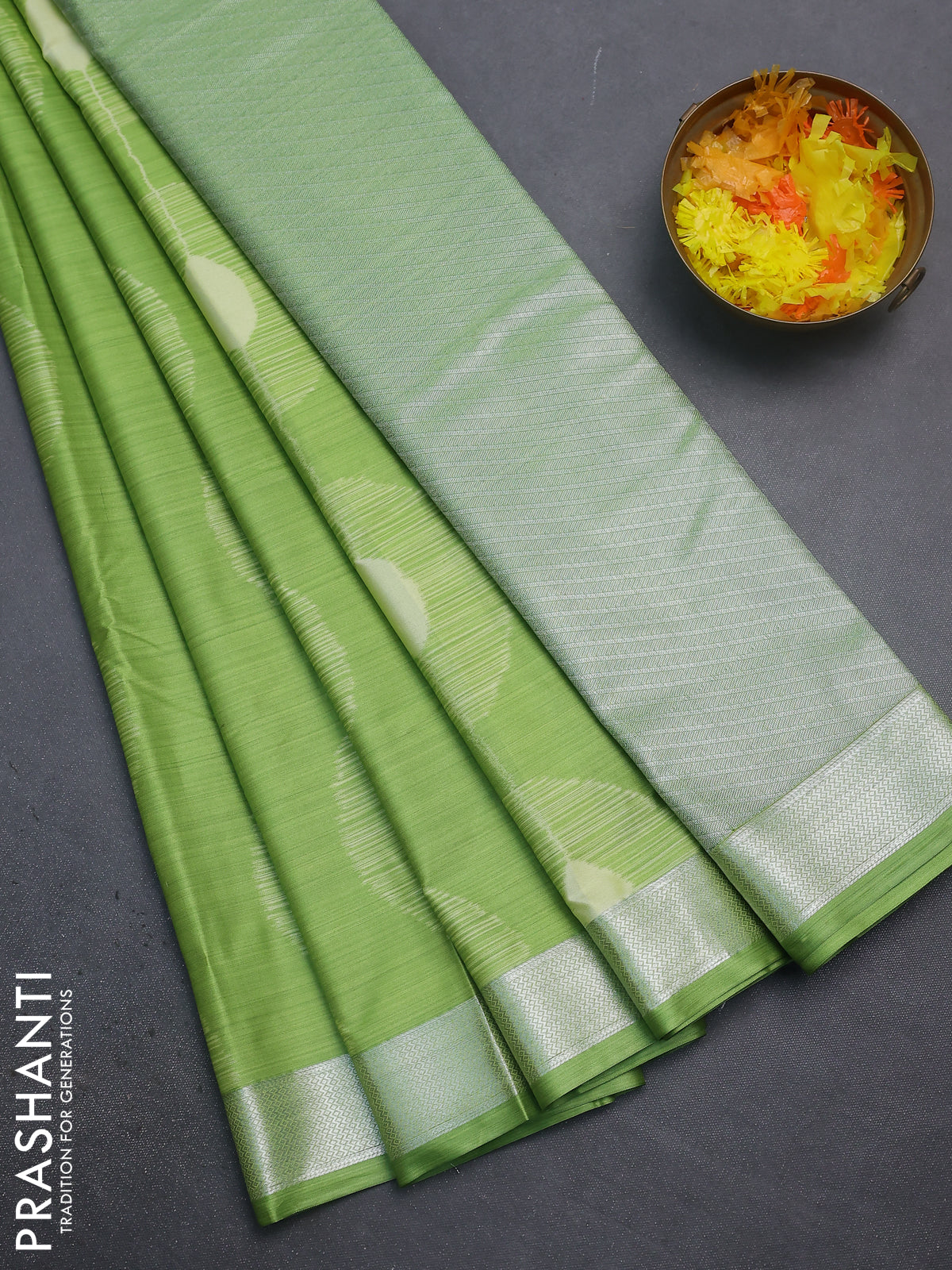 Bangalori semi silk saree light green with allover ikat weaves and zari woven border