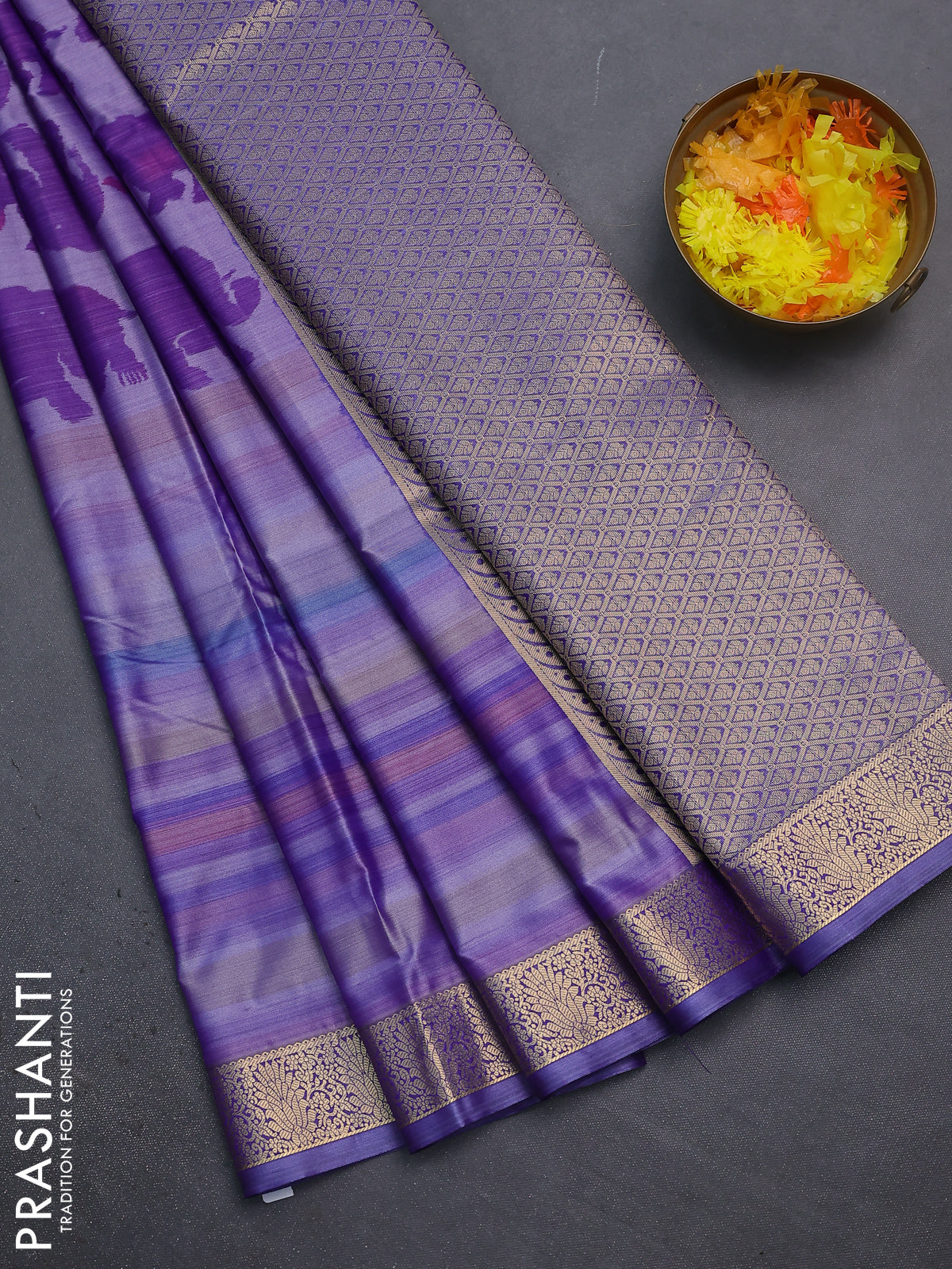 Bangalori semi silk saree mild lavender with allover elephant butta ikat weaves and zari woven border