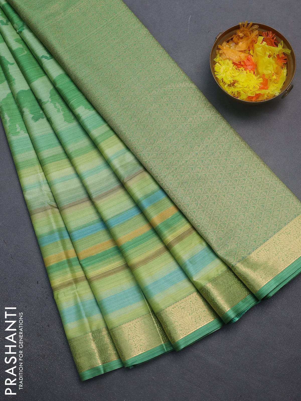 Bangalori semi silk saree light gree and green with allover elephant butta ikat weaves and zari woven border