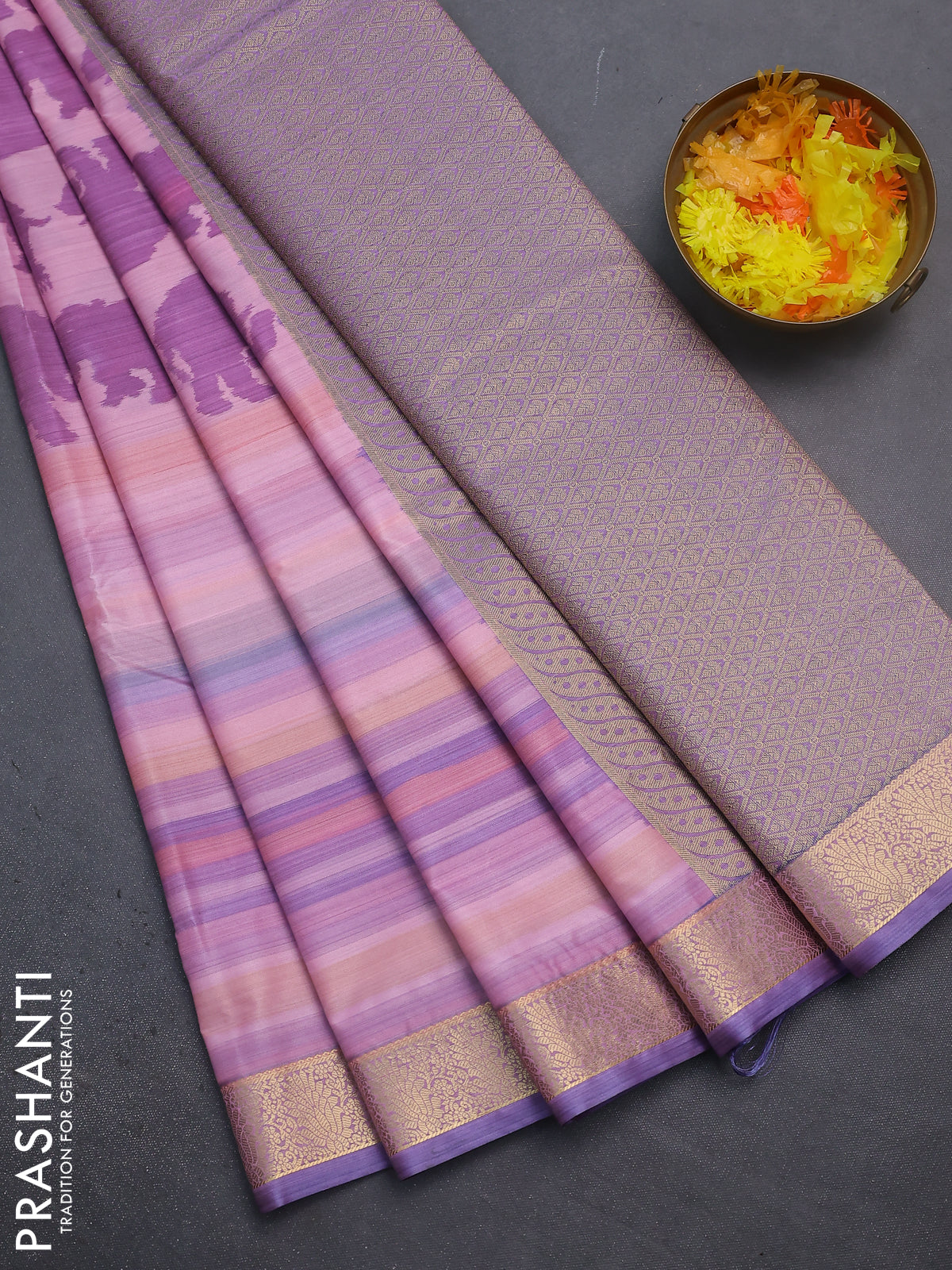Bangalori semi silk saree light pink and purple with allover elephant butta ikat weaves and zari woven border
