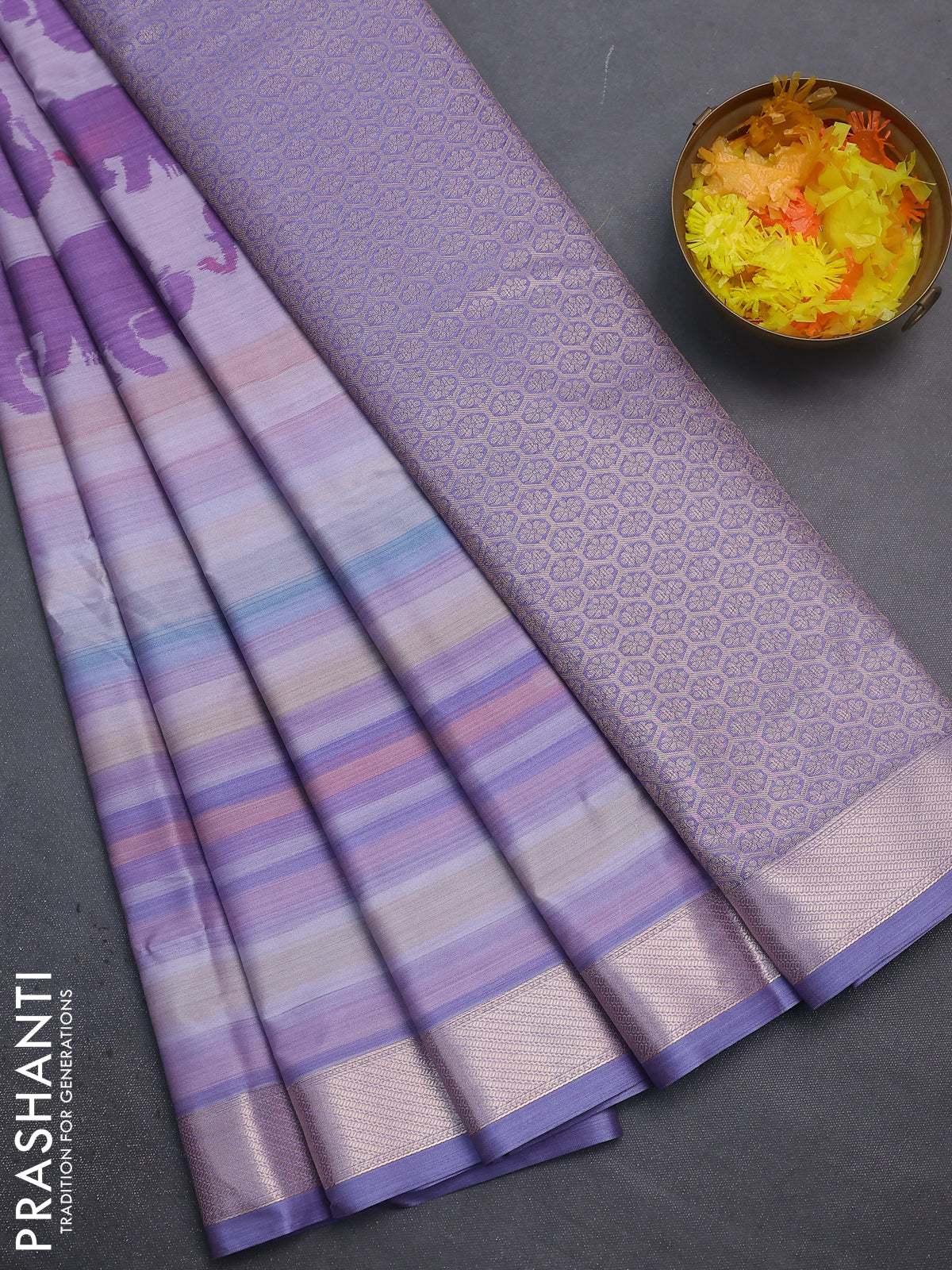 Bangalori semi silk saree pastel lavender with elephant butta ikat weaves and zari woven border