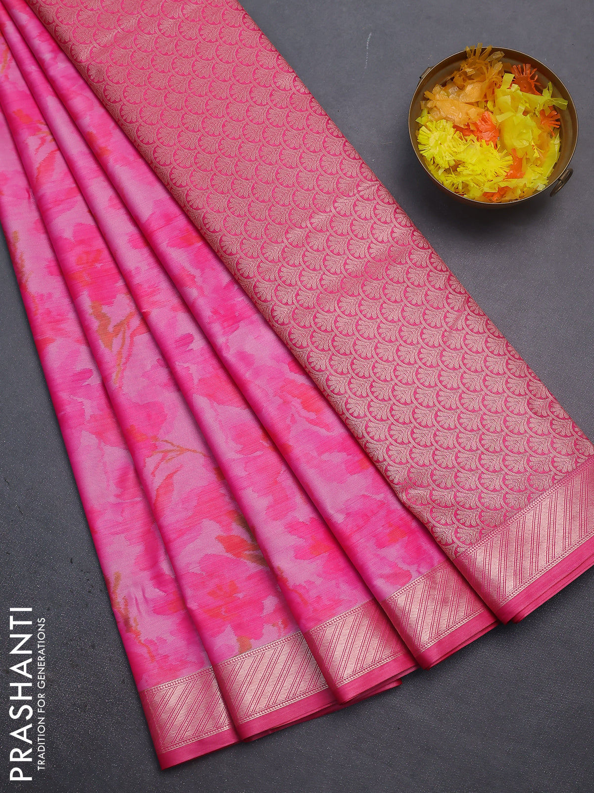 Bangalori semi silk saree light pink and pink with floral design ikat weaves and zari woven border