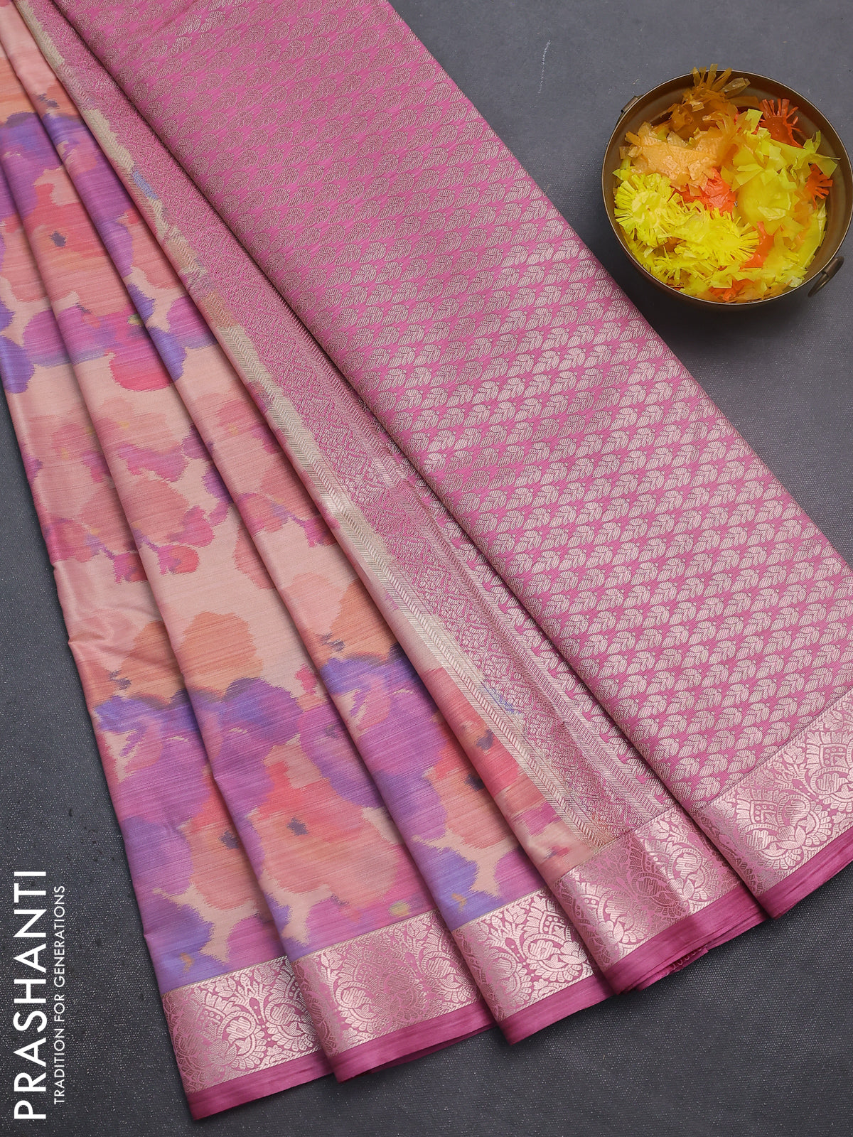 Bangalori semi silk saree sandal and pink with allover ikat weaves and zari woven border