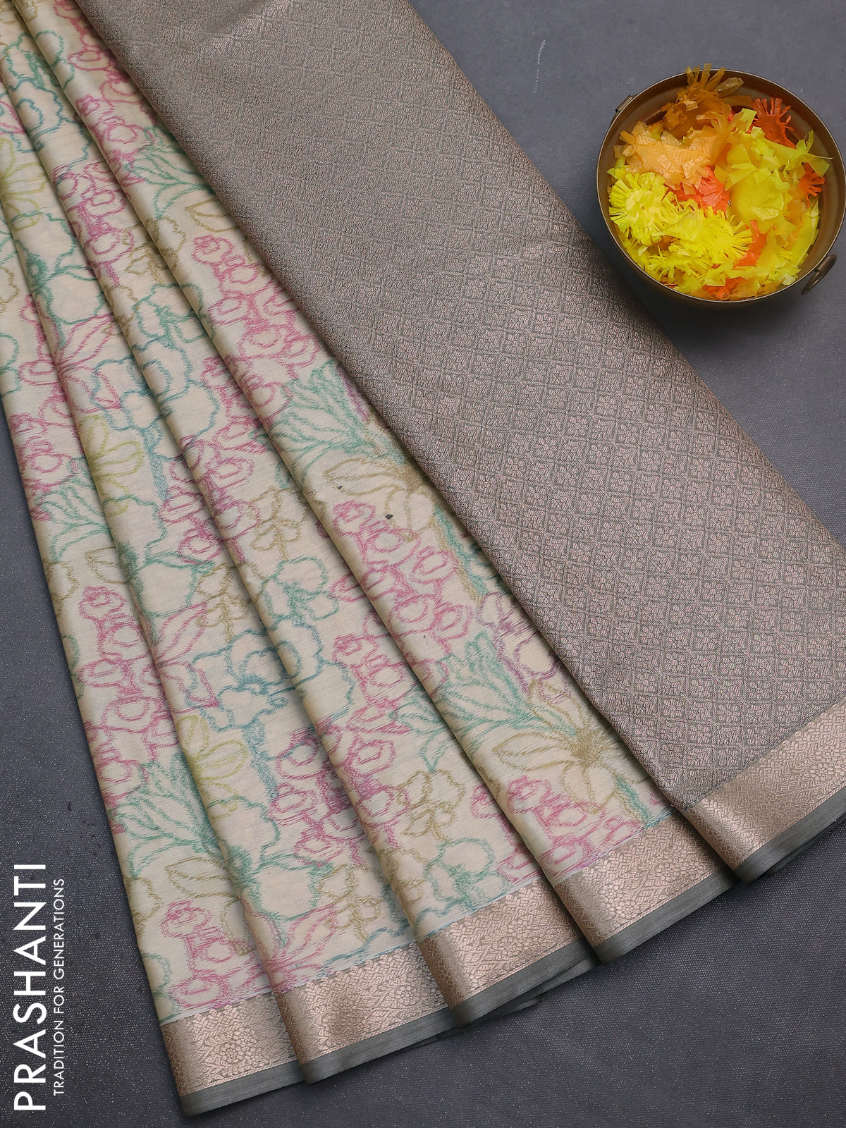 Bangalori semi silk saree cream and grey with floral design ikat weaves and zari woven border