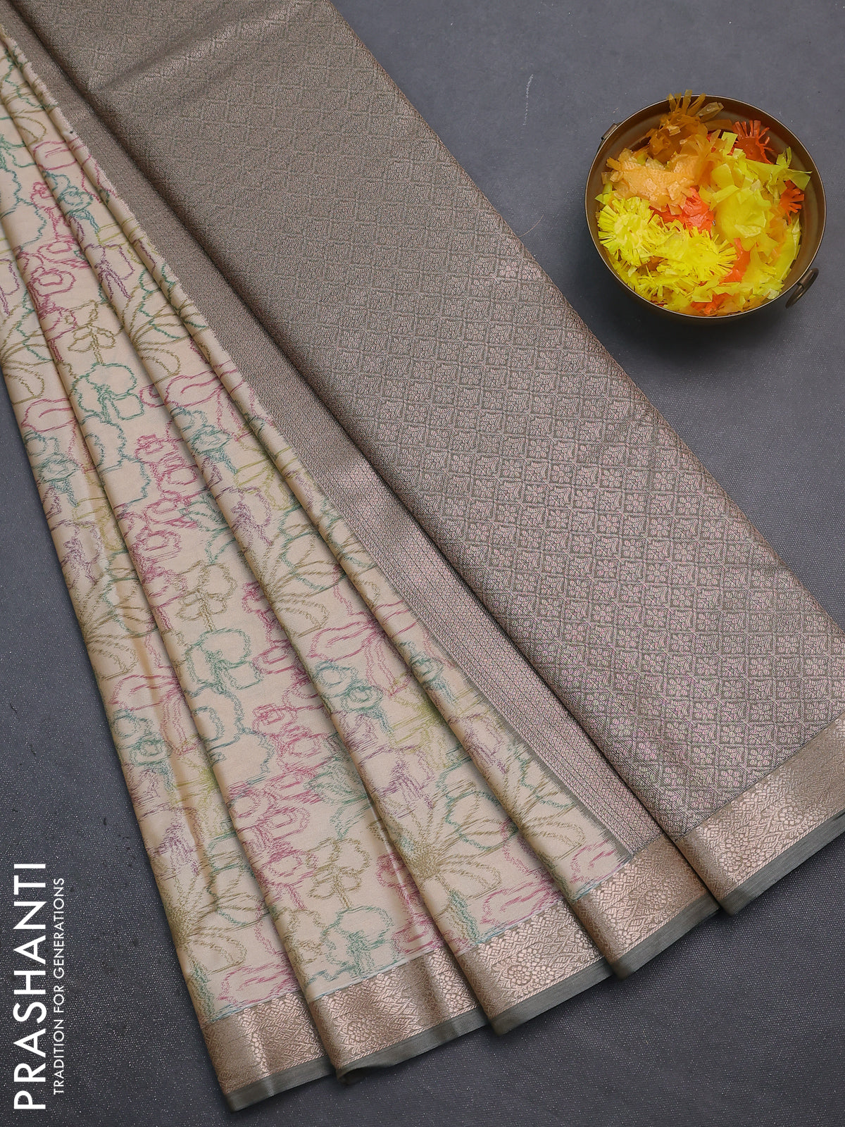 Bangalori semi silk saree cream with allover ikat weaves and zari woven border