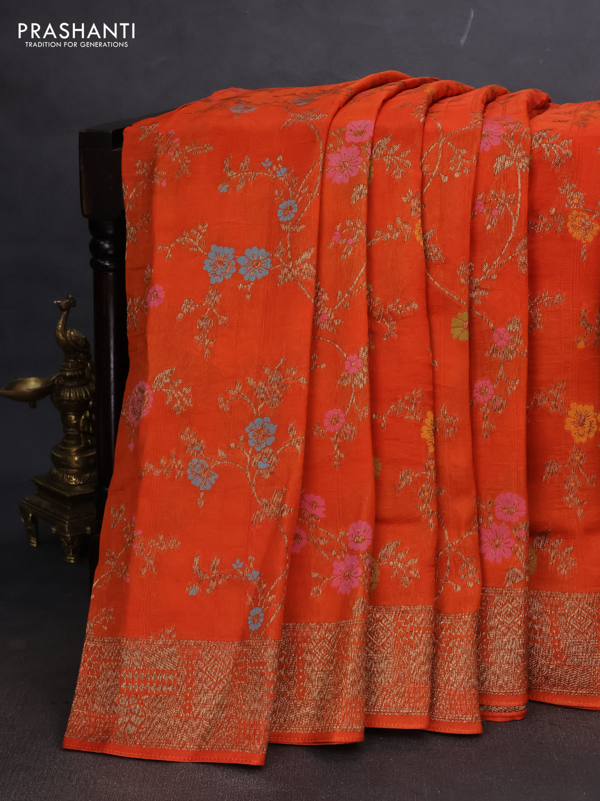 Banarasi semi raw silk saree orange with allover thread & zari weaves and woven border