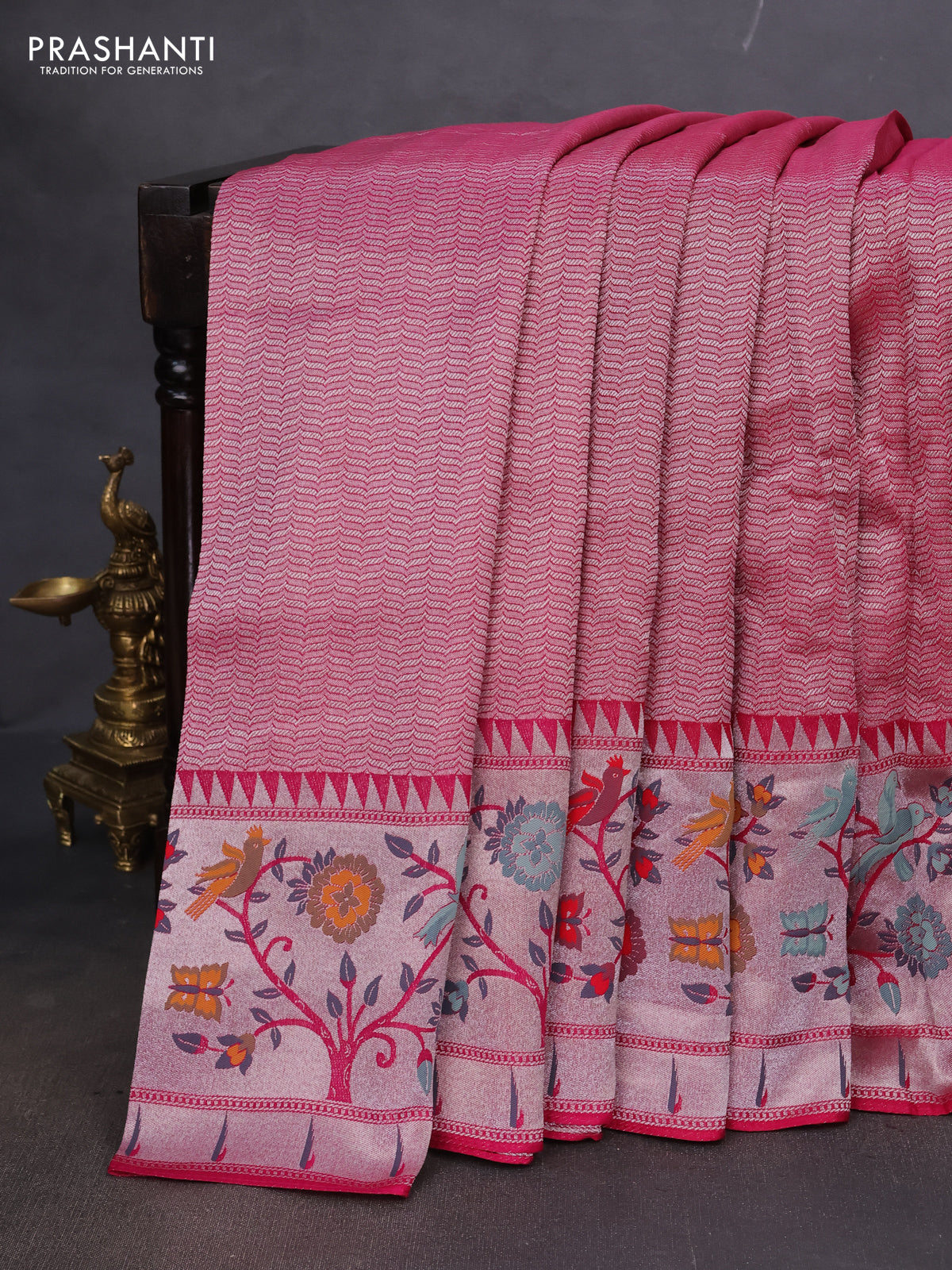 Banarasi semi raw silk saree pink with allover zari woven brocade weaves and floral design paithani border