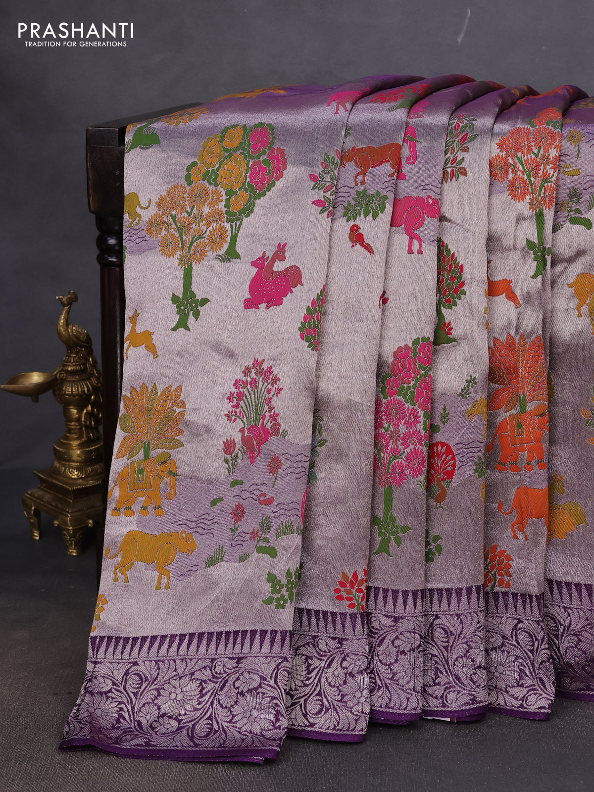 Banarasi semi raw silk saree violet with allover silver zari woven paithani weaves and woven border