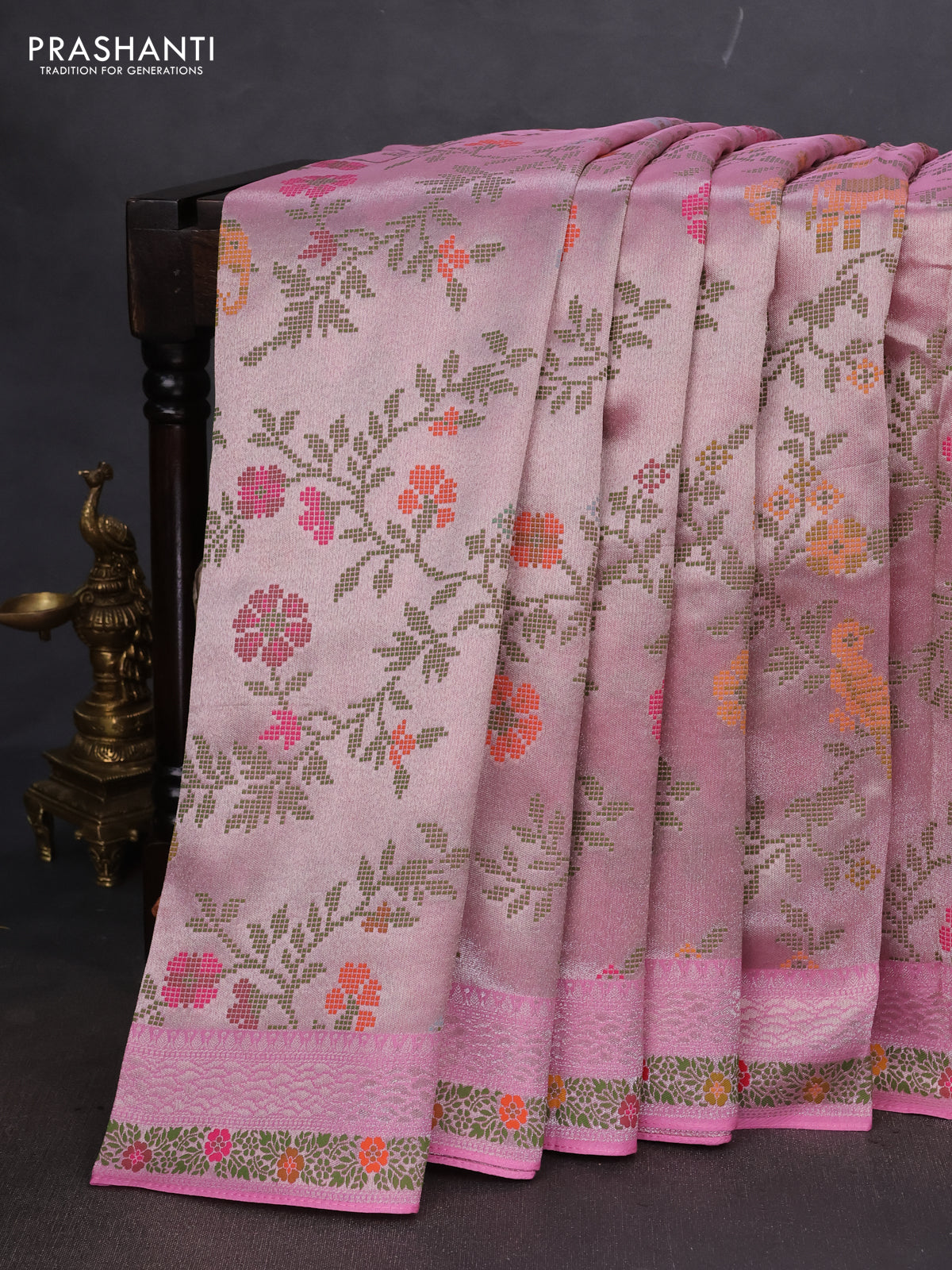 Banarasi semi raw silk saree light pink with allover silver zari woven paithani weaves and woven border