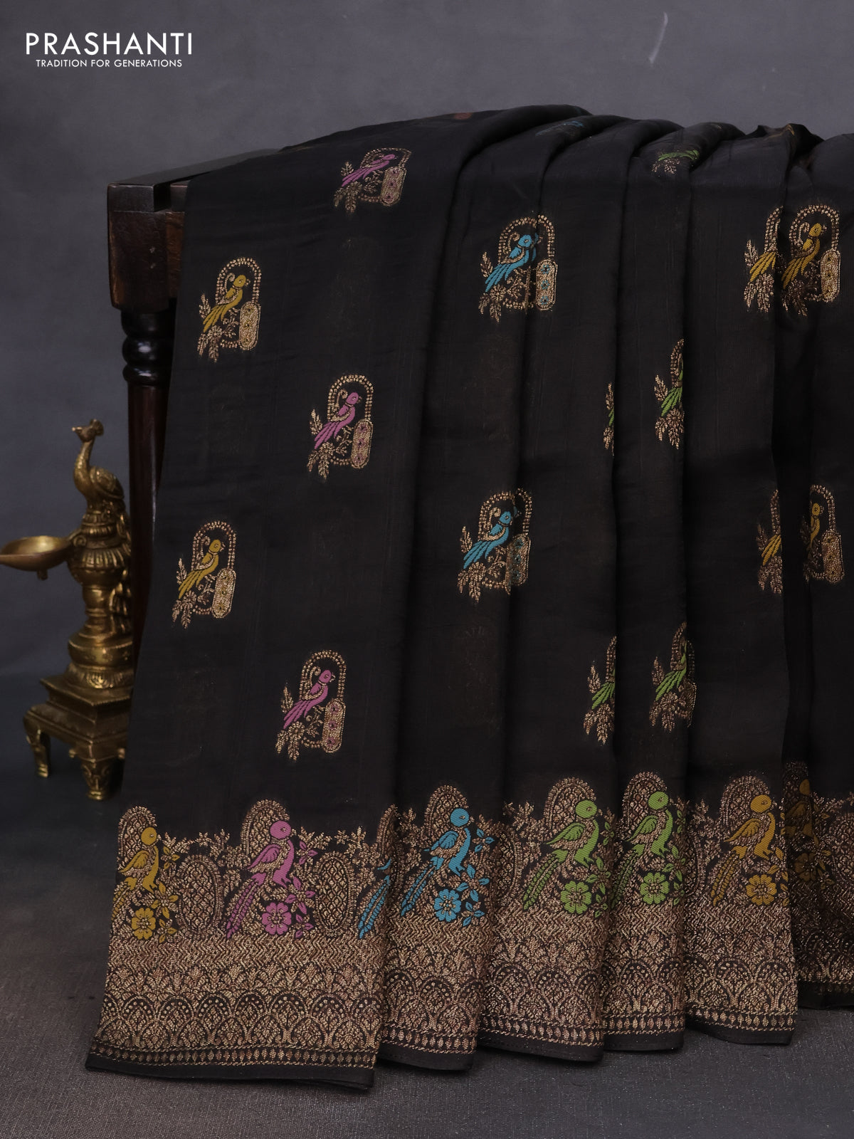 Banarasi semi raw silk saree black with thread & zari woven buttas and woven border