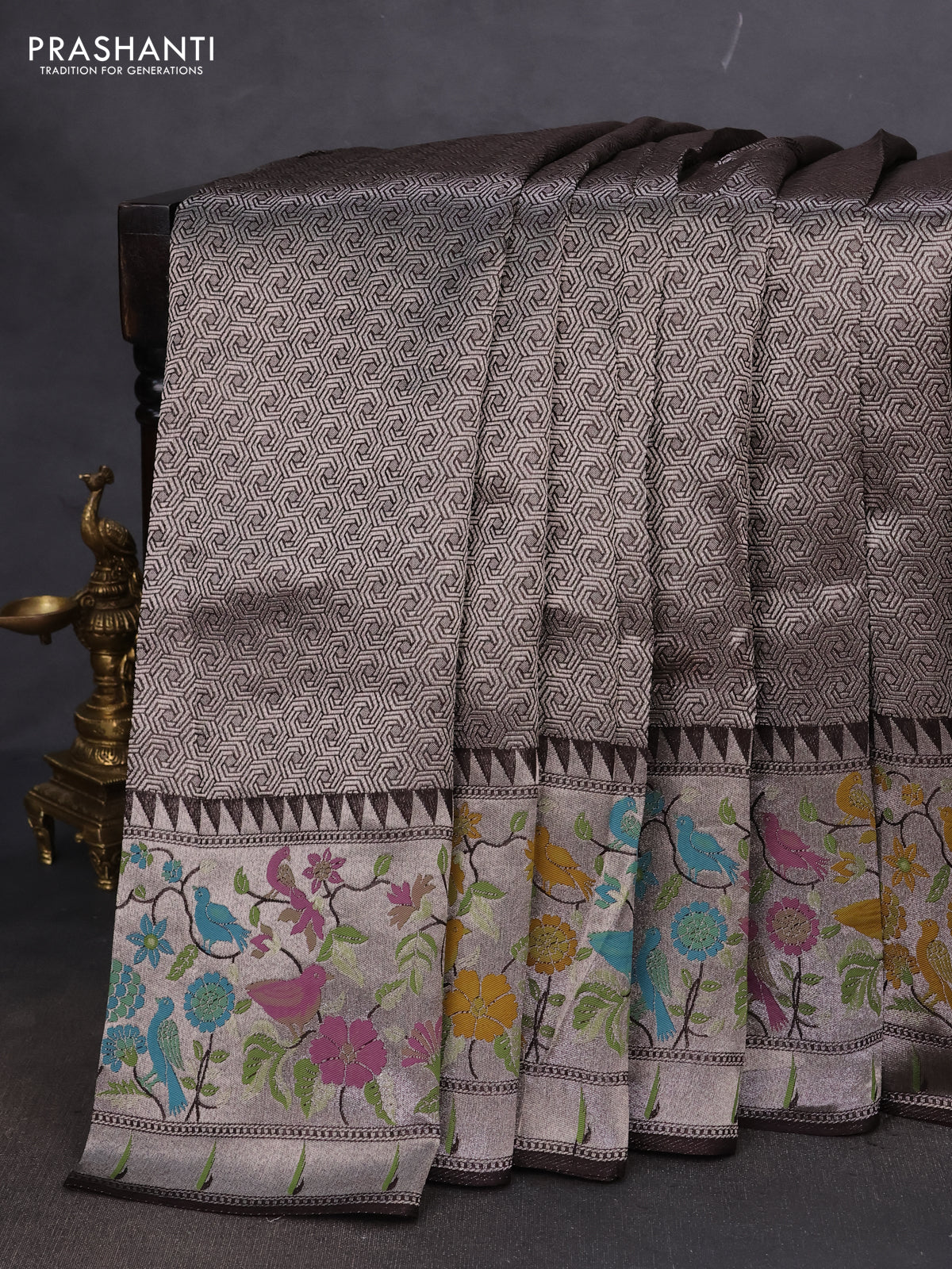 Banarasi semi raw silk saree deep coffee brown with allover silver woven brocade weaves and floral design paithani border