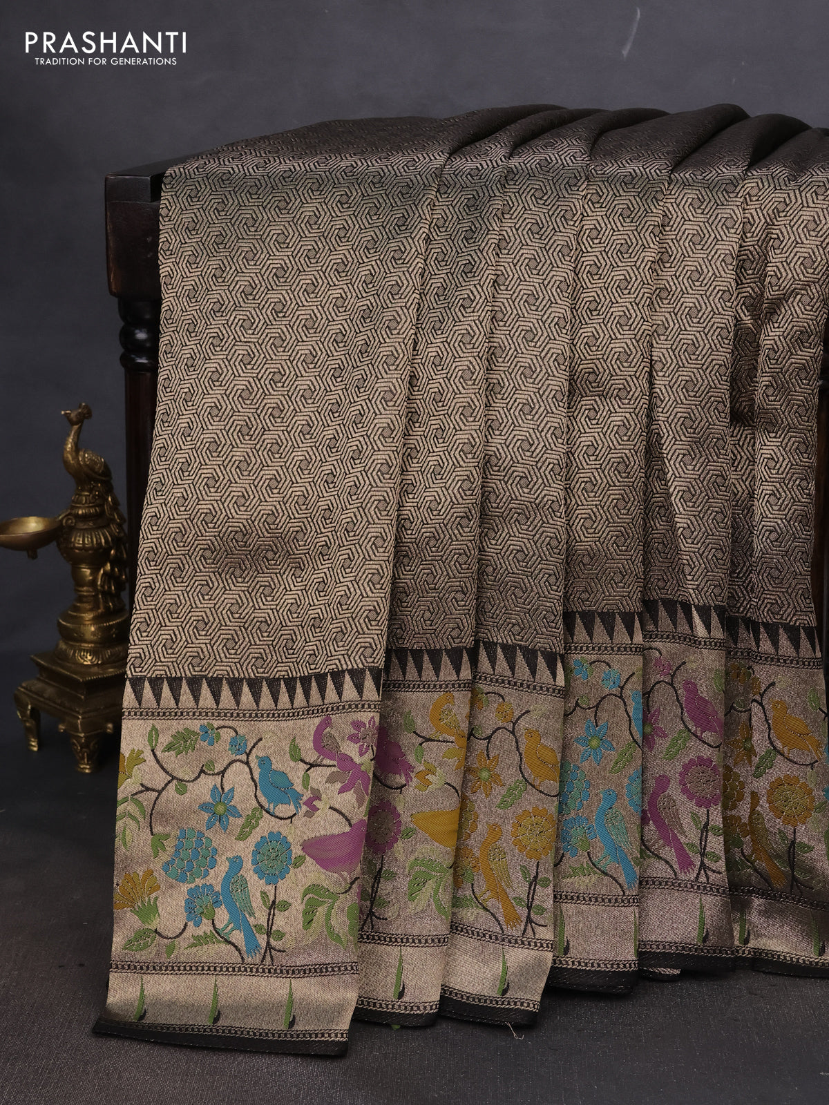 Banarasi semi raw silk saree black with allover silver woven brocade weaves and floral design paithani border