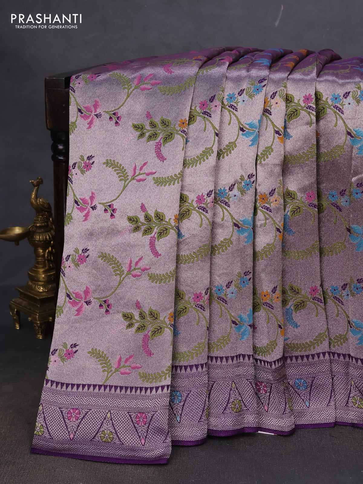 Banarasi semi raw silk saree violet with allover silver zari woven paithani weaves and silver zari woven border