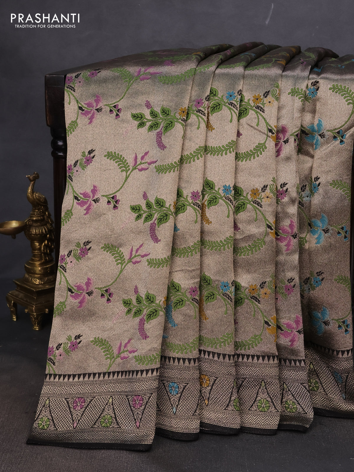 Banarasi semi raw silk saree black with allover silver zari woven paithani weaves and silver zari woven border