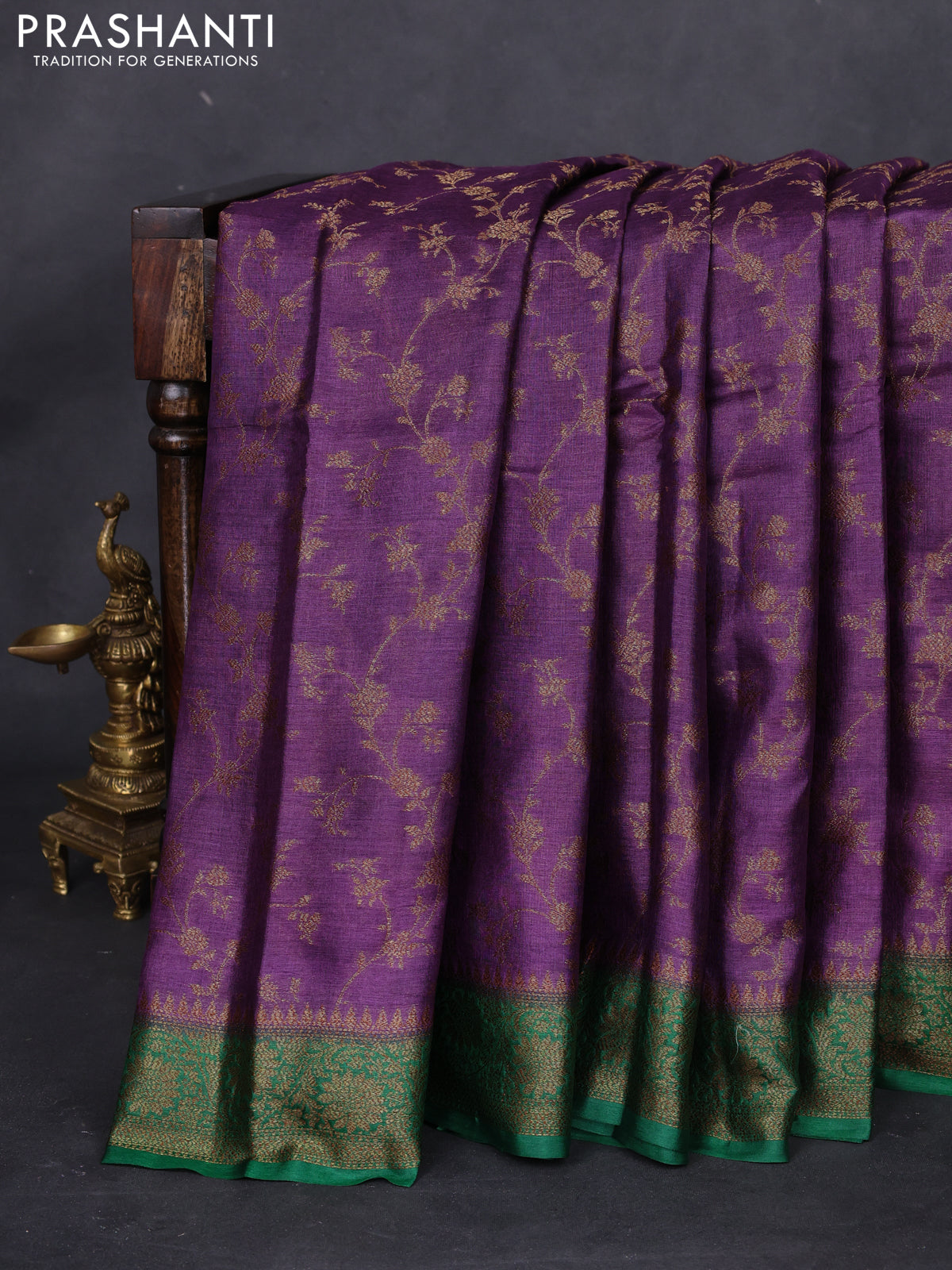 Banarasi tussar silk saree purple and green with allover thread & zari weaves and woven border