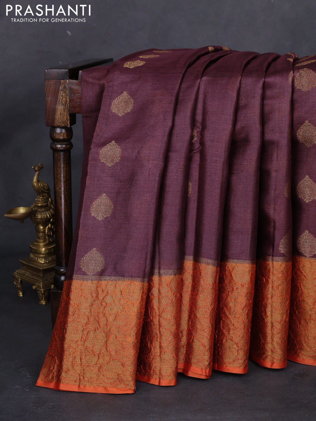 Banarasi tussar silk saree brown and orange with thread & zari woven buttas and woven border
