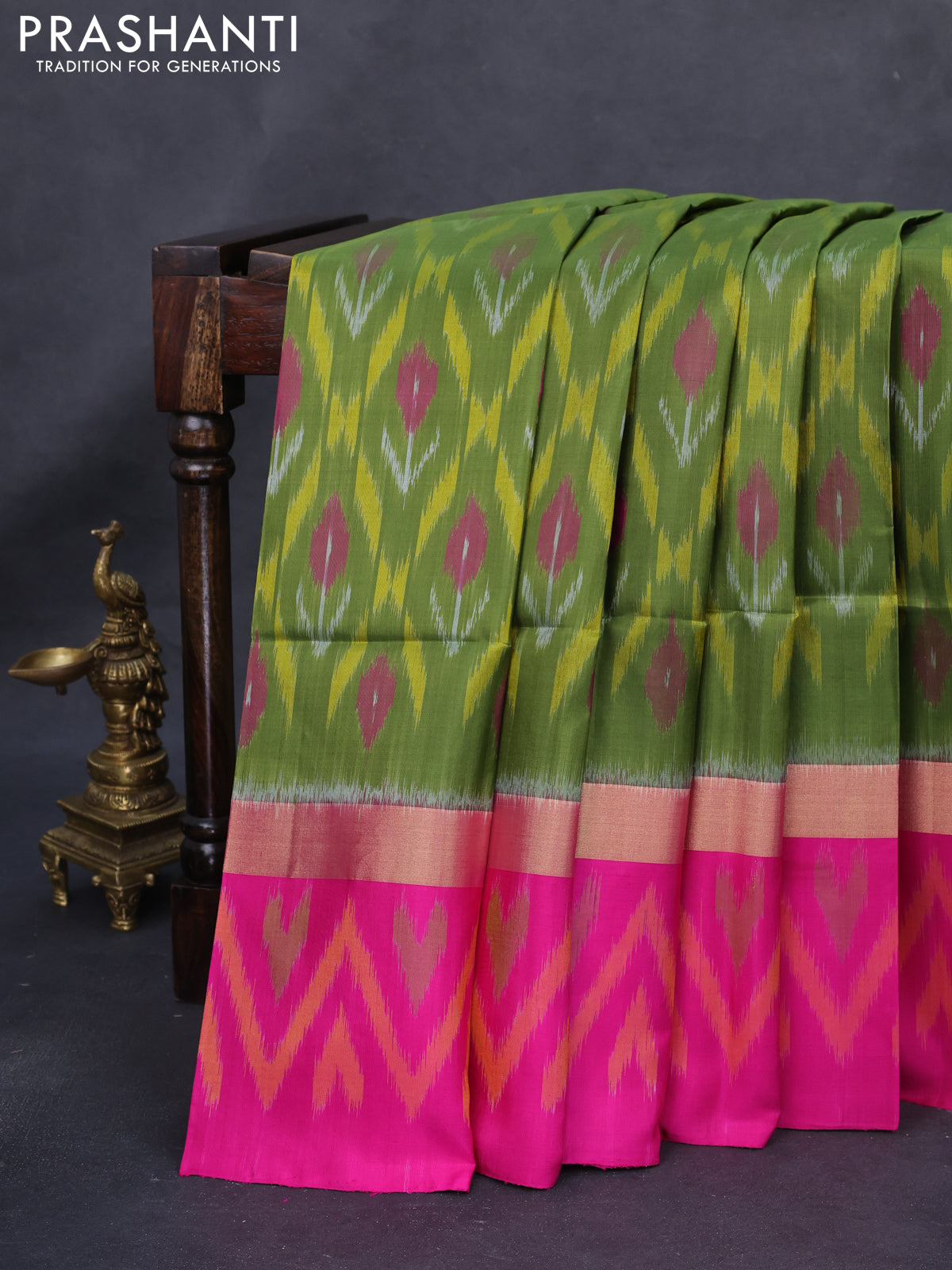 Ikat soft silk saree sap green and pink with allover ikat weaves and long zari woven ikat style border