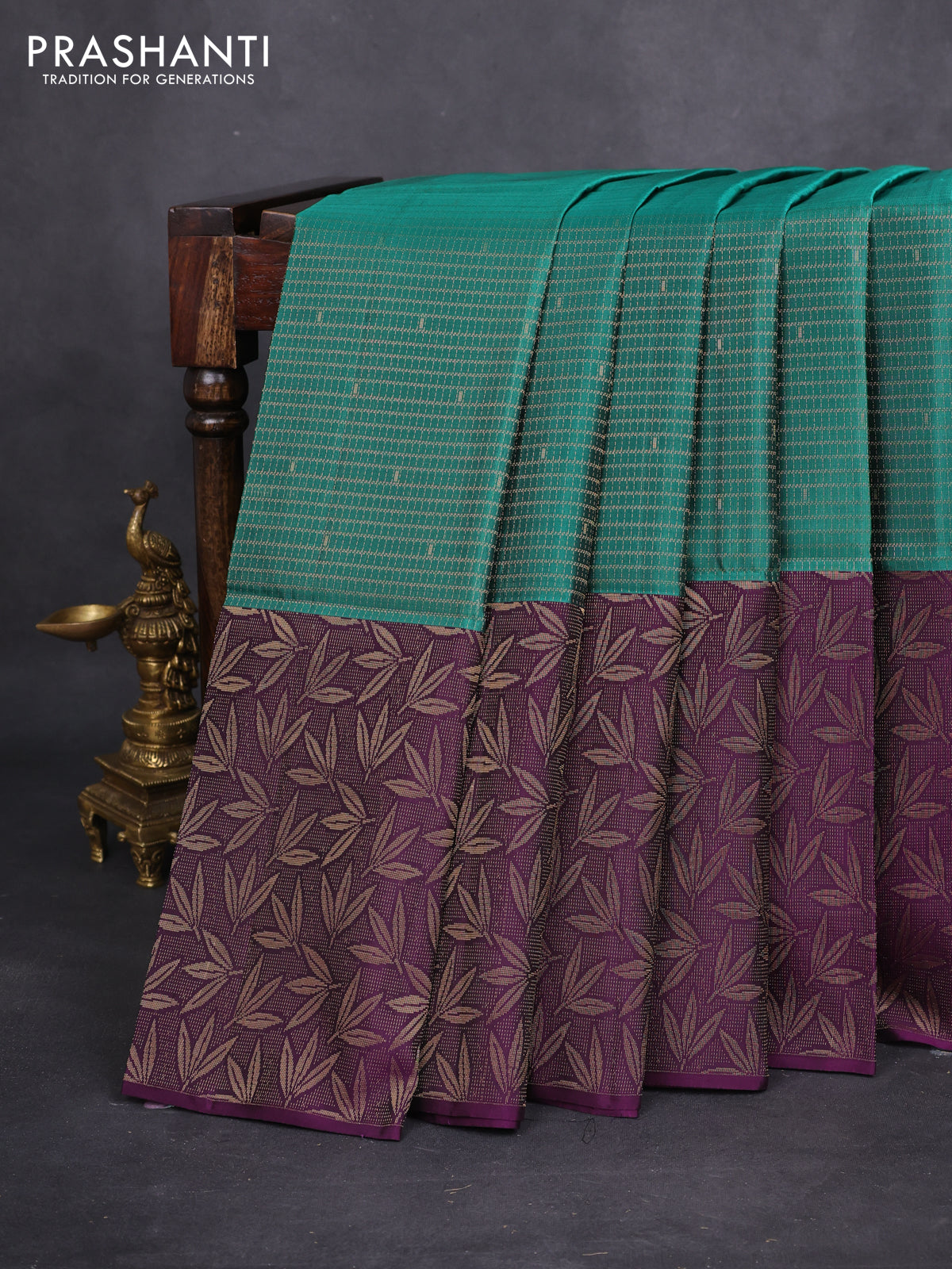 Kanchipuram soft silk saree teal green and purple with allover zari woven brocade weaves and long zari woven border