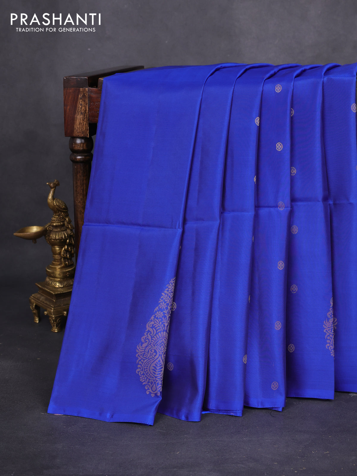 Kanchipuram soft silk saree royal blue with silver zari woven buttas and long silver zari woven paisley butta border