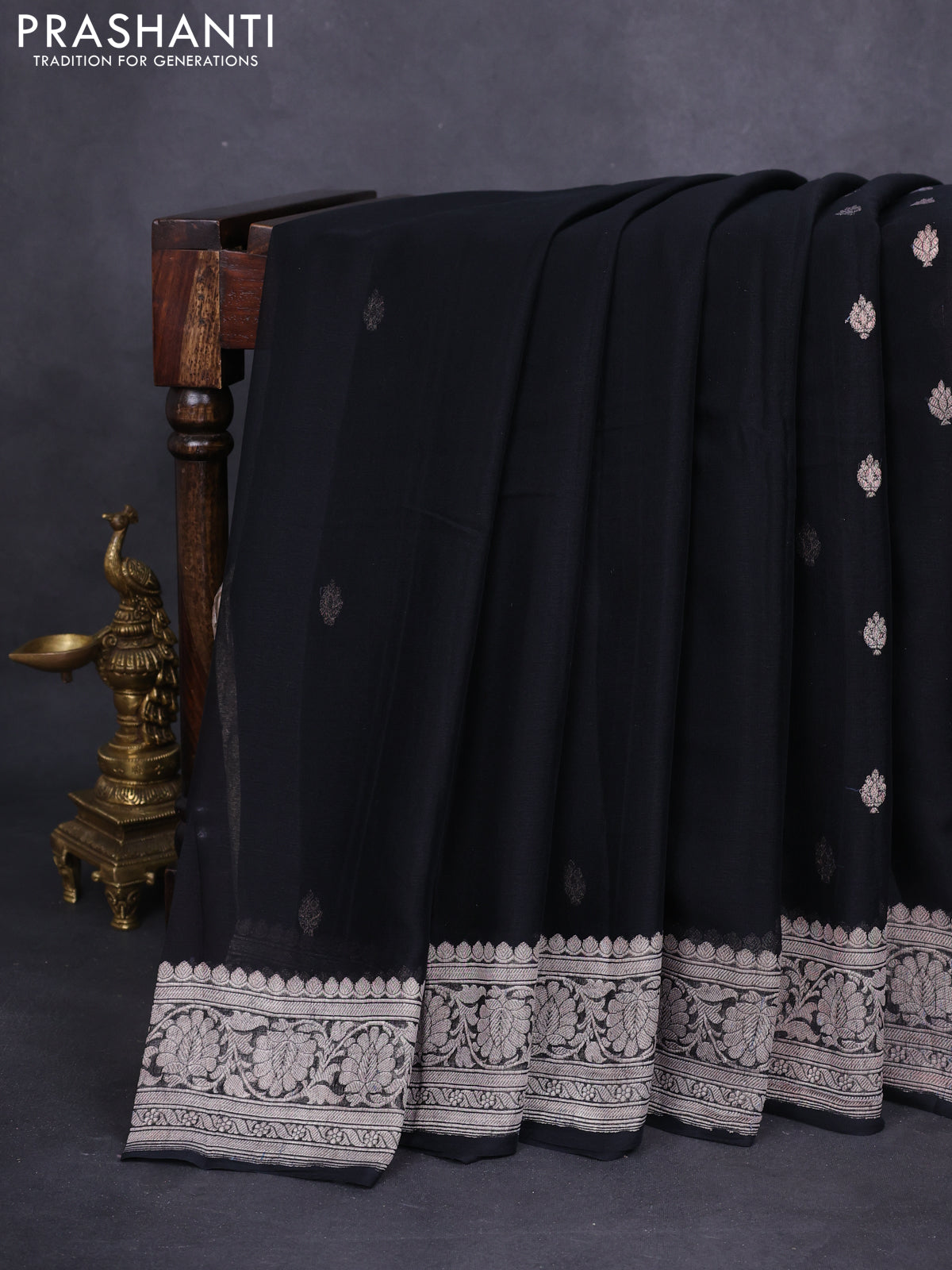Banarasi chiffon silk saree black with silver zari woven buttas and floral silver zari woven border