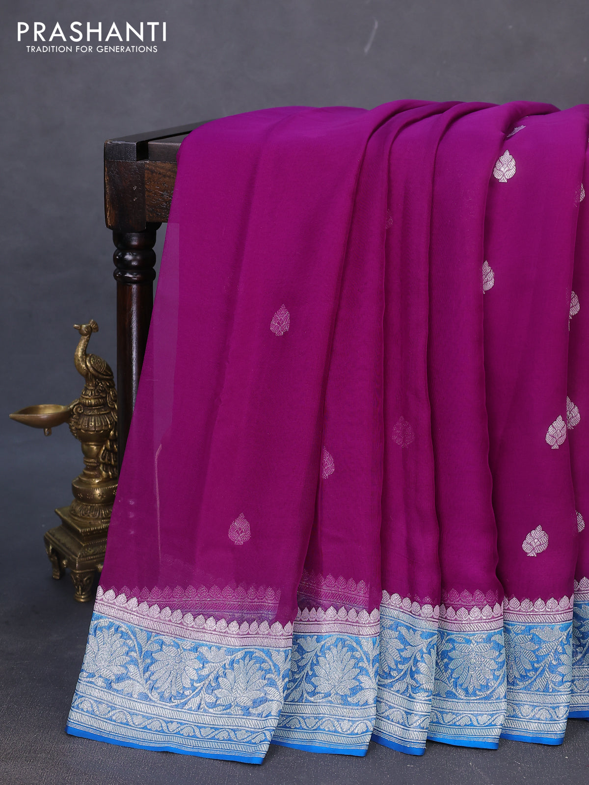Banarasi chiffon silk saree purple and cs blue with silver zari woven buttas and silver zari woven border
