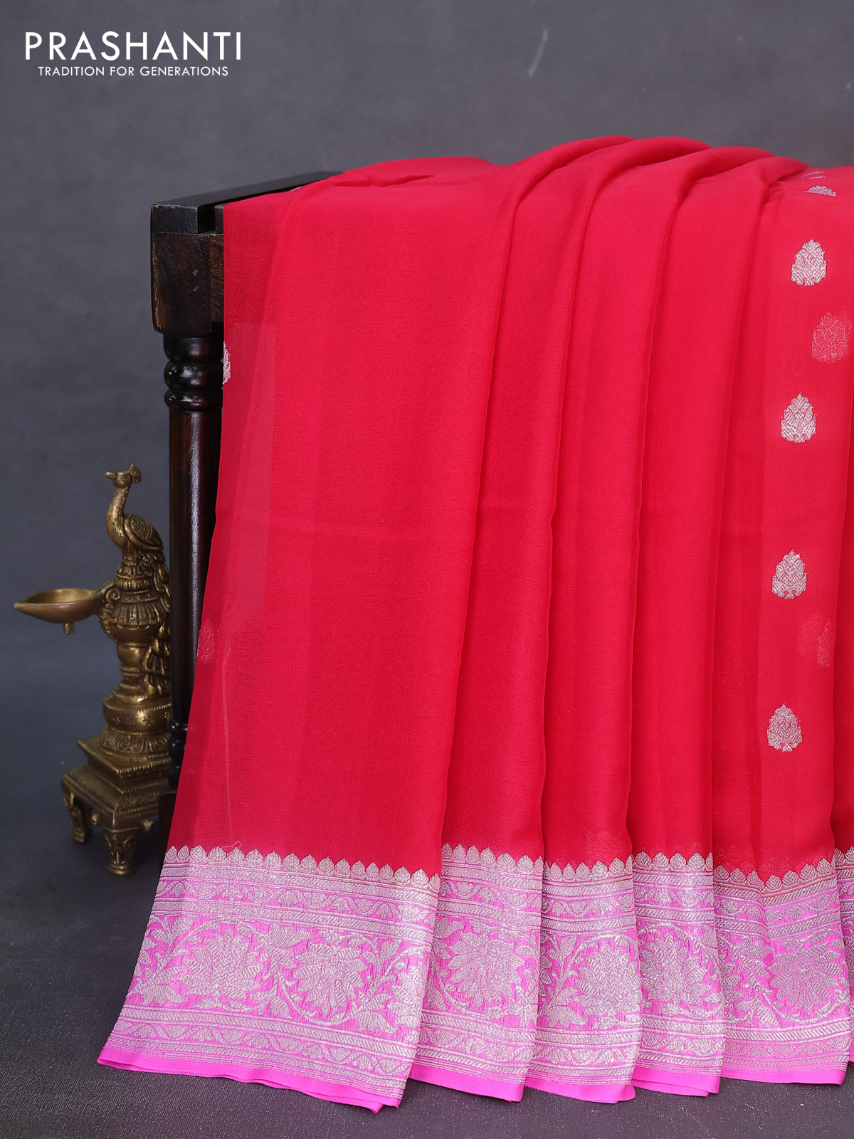 Banarasi chiffon silk saree red and light pink with silver zari woven buttas and silver zari woven border