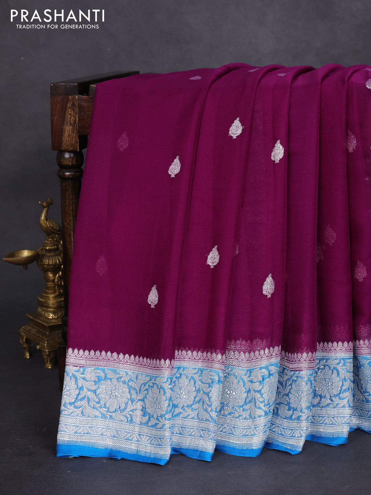 Banarasi chiffon silk saree purple and cs blue with silver zari woven buttas and silver zari woven border