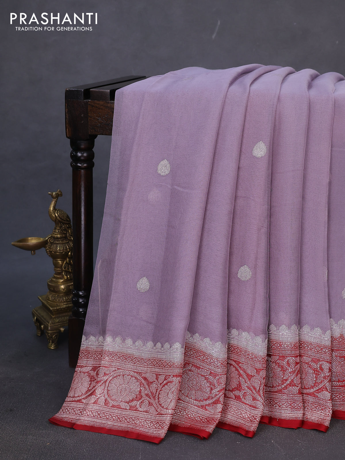 Banarasi chiffon silk saree grey and maroon with silver zari woven buttas and silver zari woven border