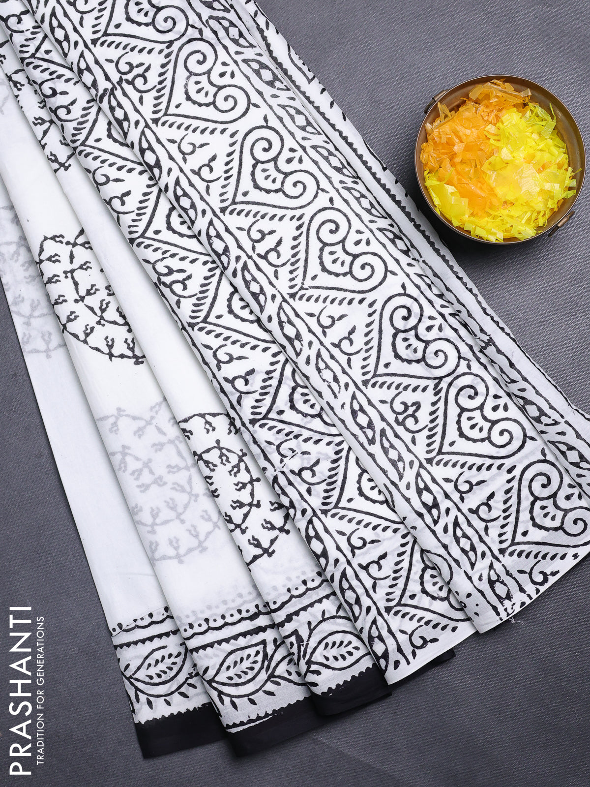 Jaipur cotton saree off white and black with warli butta prints and printed border