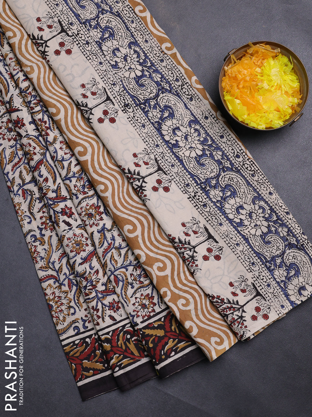 Jaipur cotton saree beige and black with allover kalamkari prints and printed border