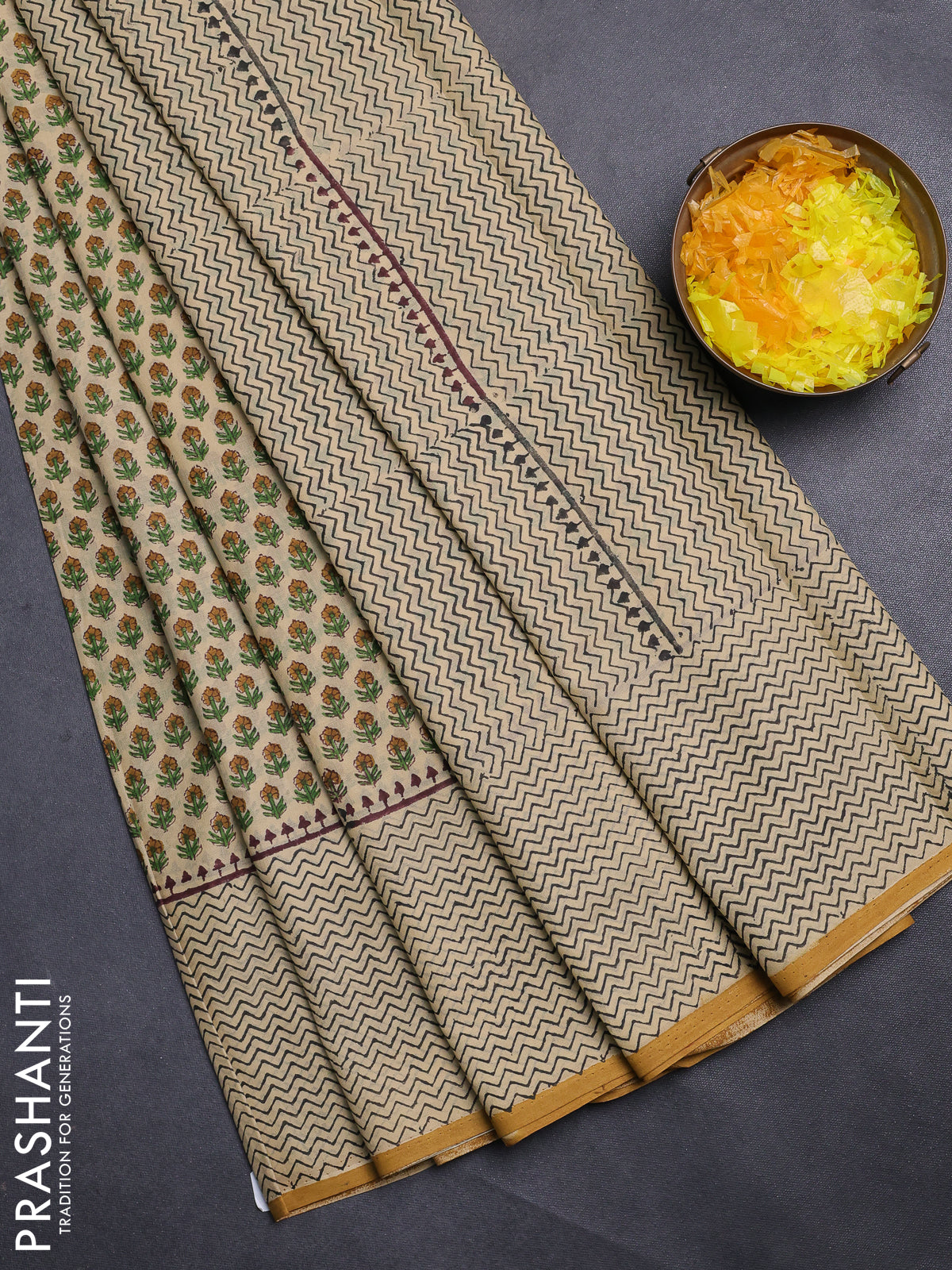 Jaipur cotton saree beige and mustard yellow with allover butta prints and printed border