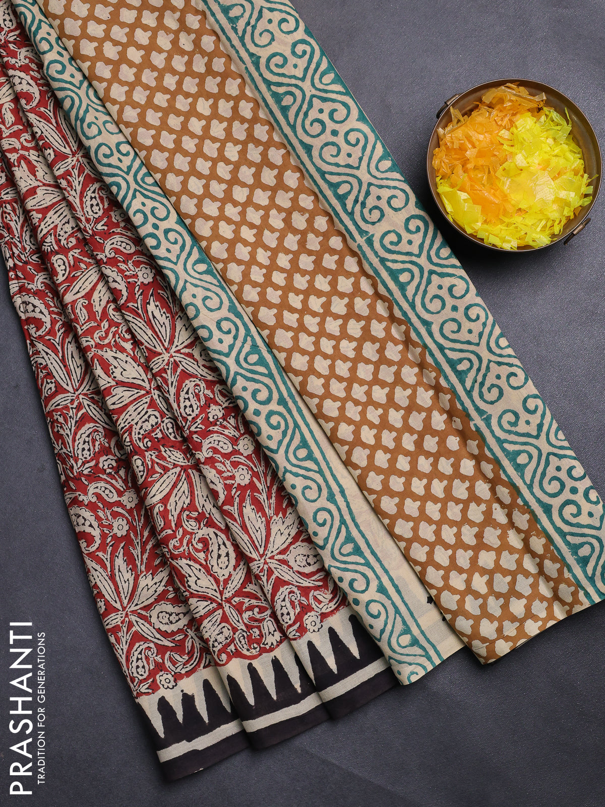 Jaipur cotton saree marron and black with allover kalamkari prints and printed border