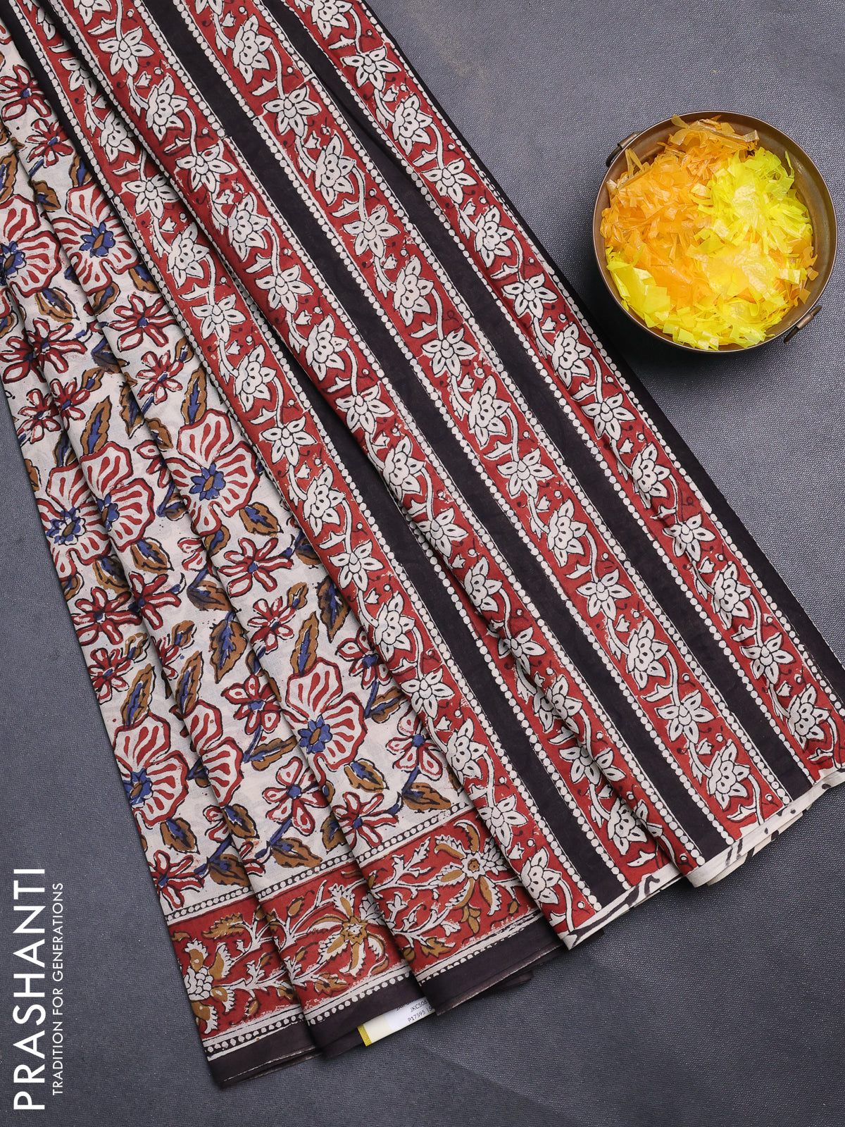 Jaipur cotton saree beige and maroon with allover kalamkari prints and printed border