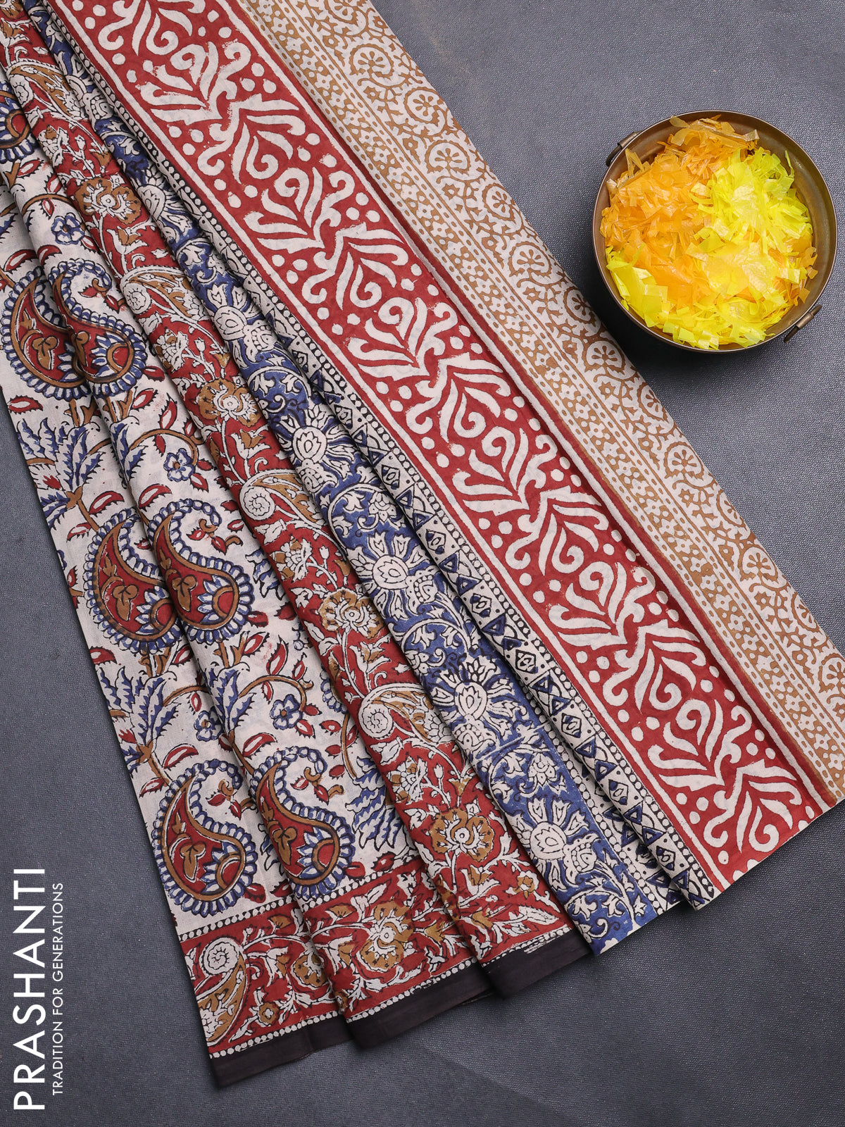 Jaipur cotton saree beige and maroon with allover kalamkari prints and printed border